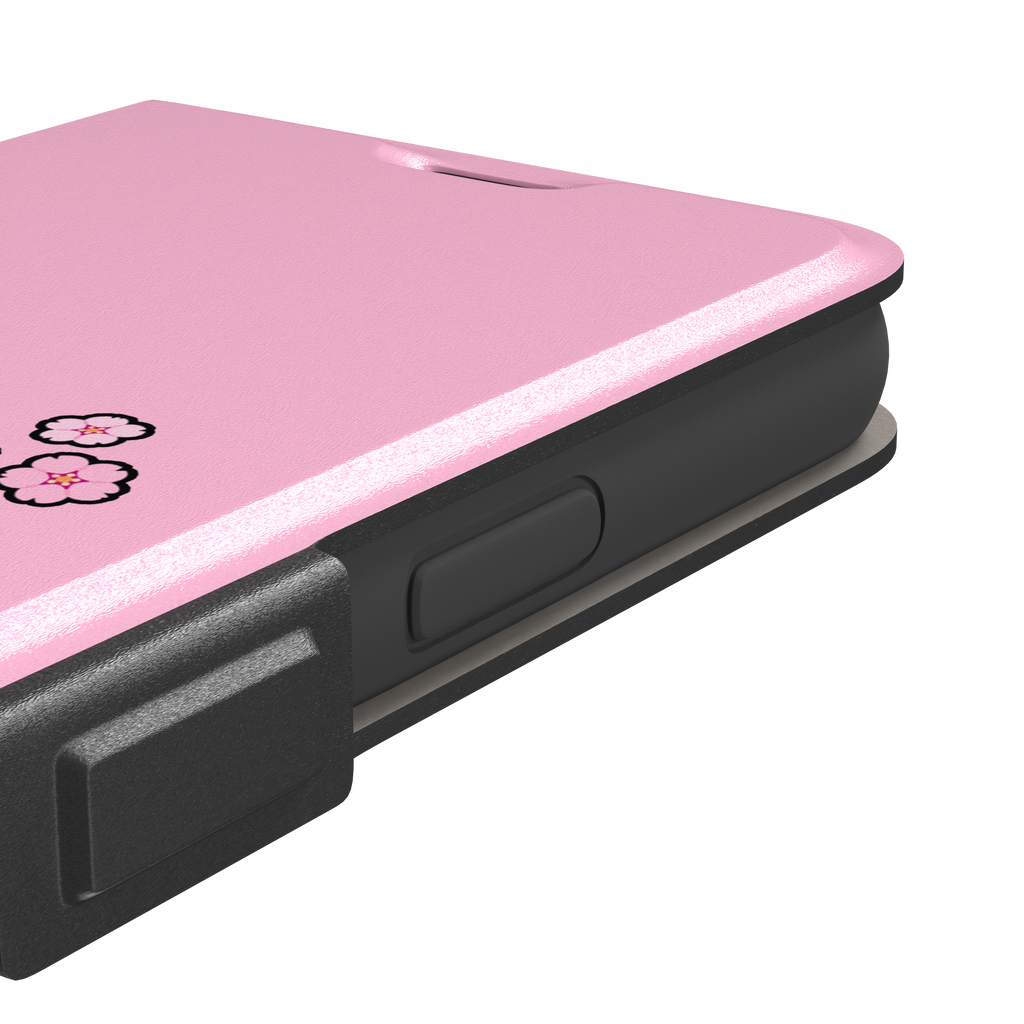 Pink phone case featuring a cute cartoon unicorn with a striped horn and a cherry blossom-filled mane on a bubblegum pink background, phone case by Caselier — wallet case, volume buttons detail