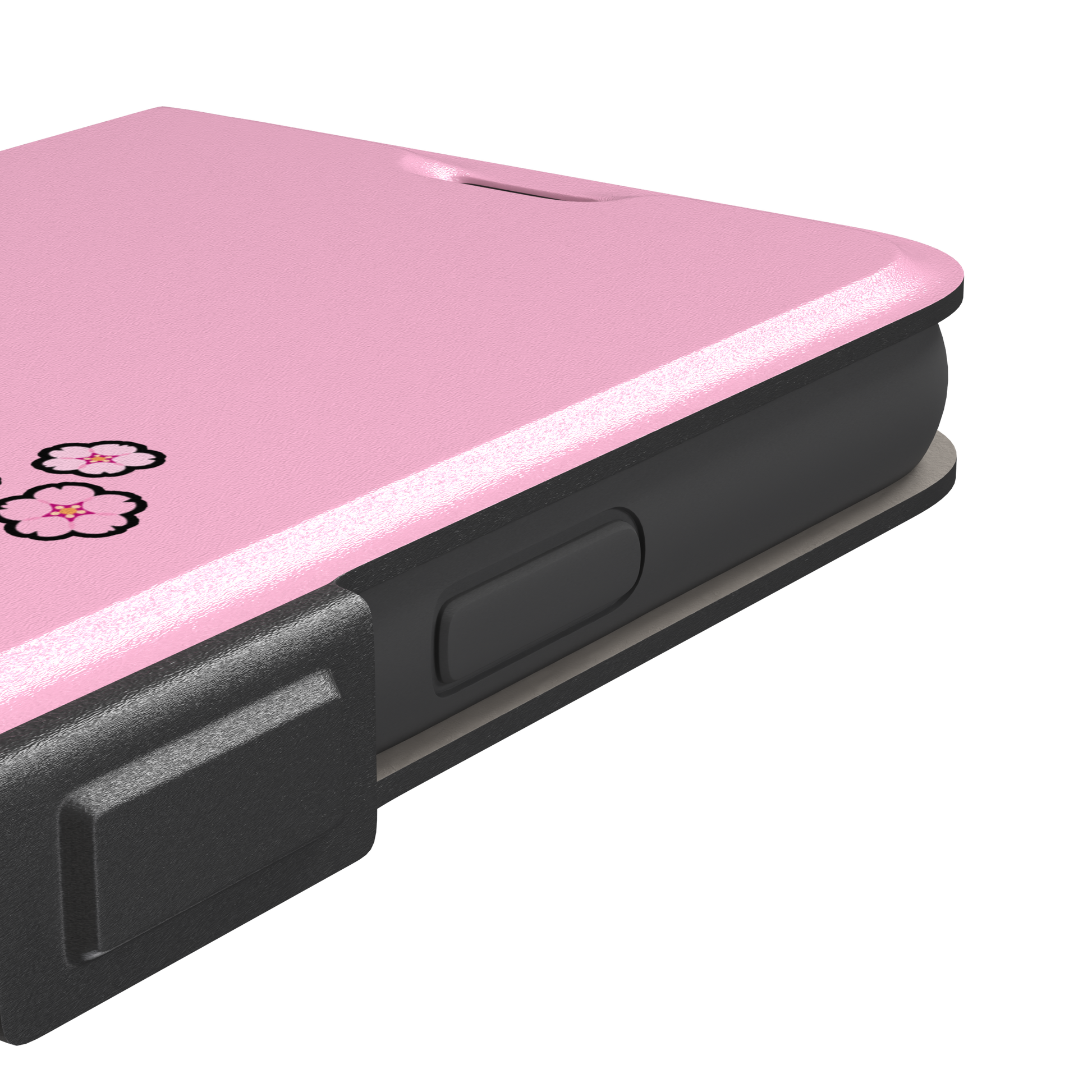 Pink phone case featuring a cute cartoon unicorn with a striped horn and a cherry blossom-filled mane on a bubblegum pink background, phone case by Caselier — wallet case, volume buttons detail