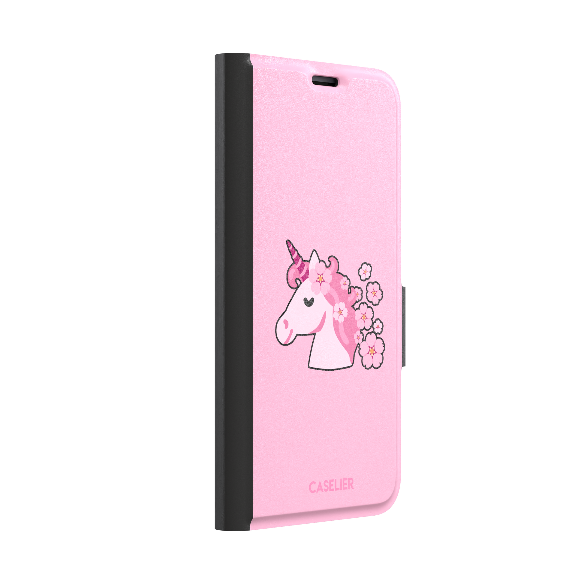 Pink phone case featuring a cute cartoon unicorn with a striped horn and a cherry blossom-filled mane on a bubblegum pink background, phone case by Caselier — wallet case, left view