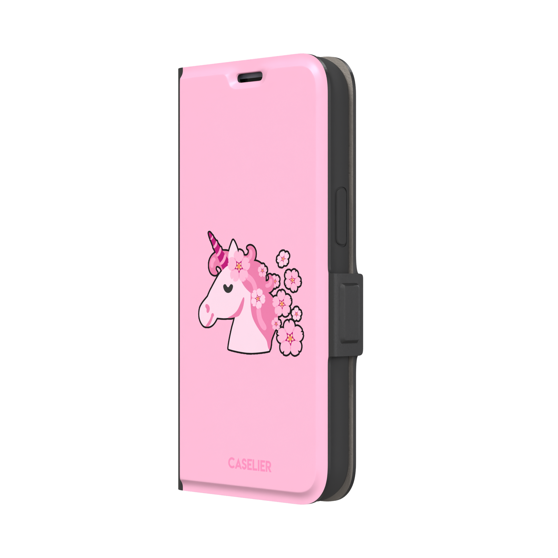 Pink phone case featuring a cute cartoon unicorn with a striped horn and a cherry blossom-filled mane on a bubblegum pink background, phone case by Caselier — wallet case, right view