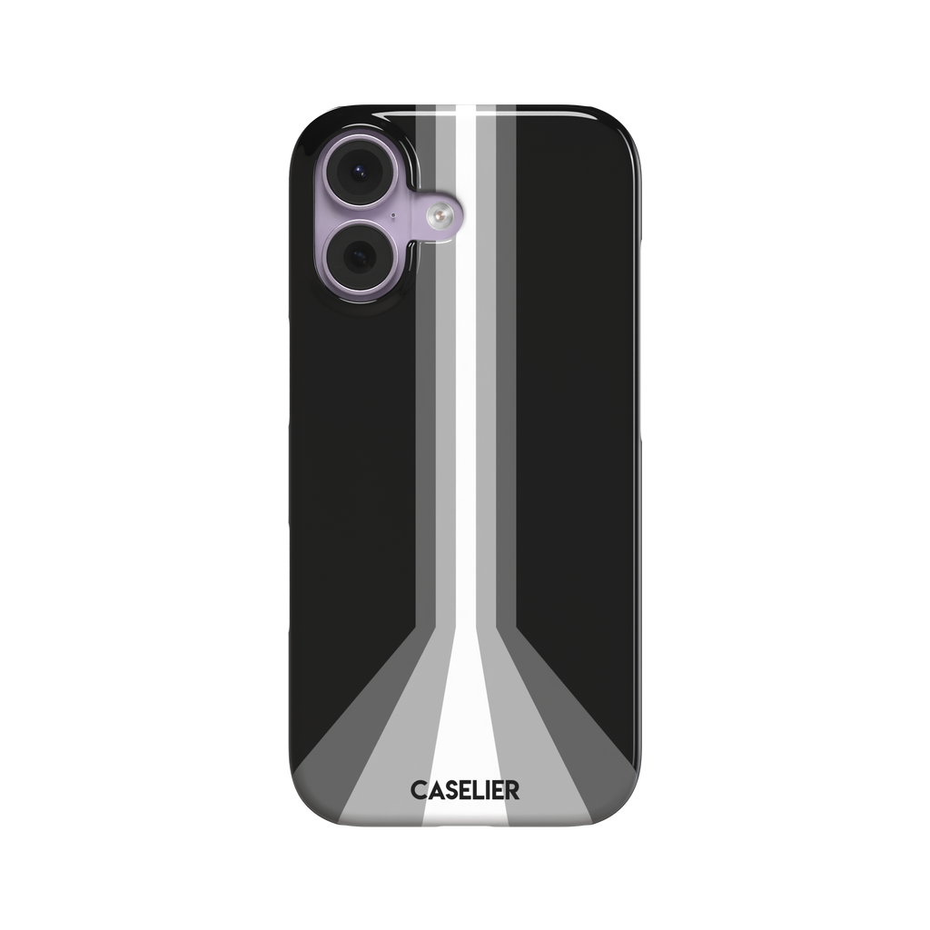 Prism phone case in black with white and grey geometric racing stripes fanning outward from a central vertical line, phone case by Caselier — snap case, front view