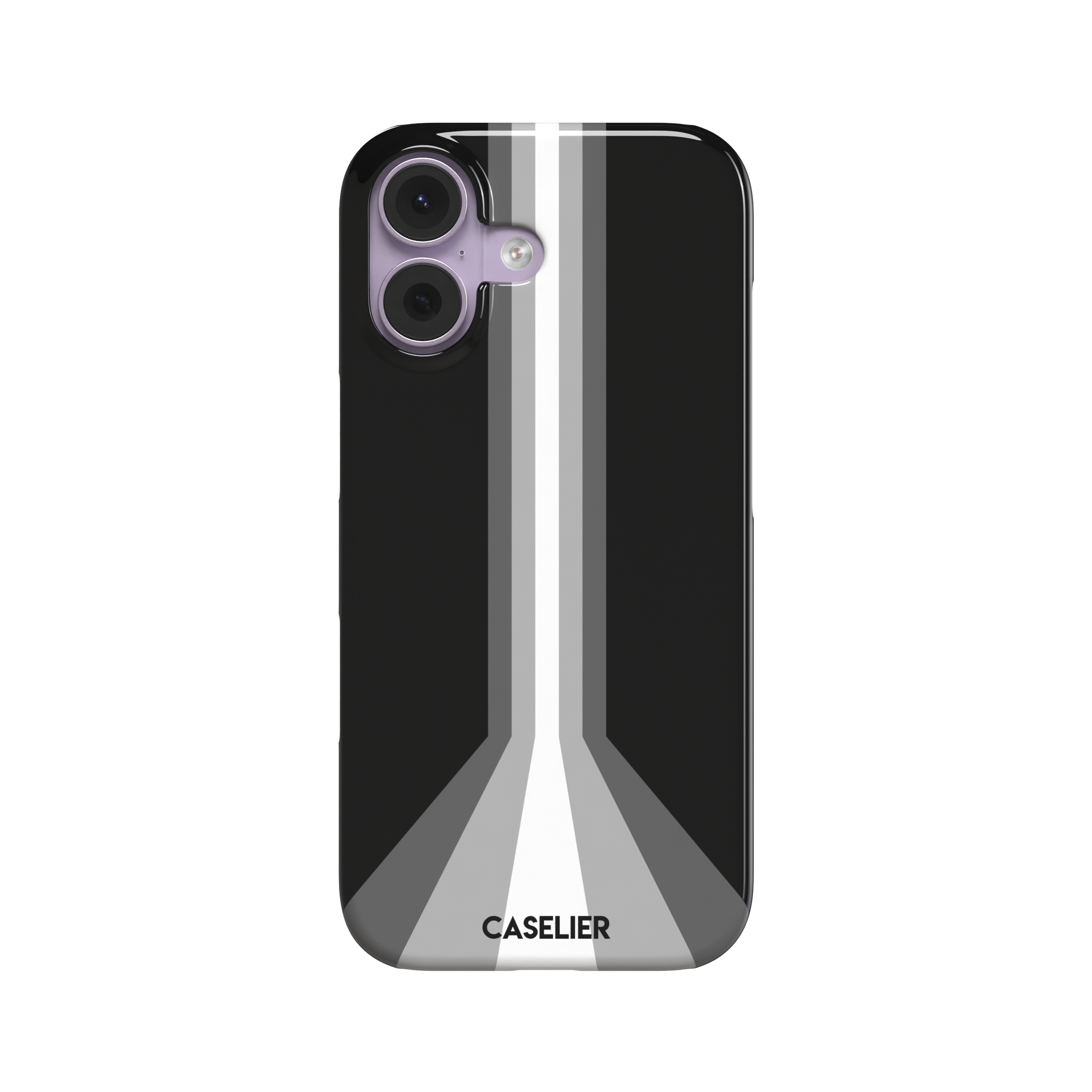 Prism phone case in black with white and grey geometric racing stripes fanning outward from a central vertical line, phone case by Caselier — snap case, front view