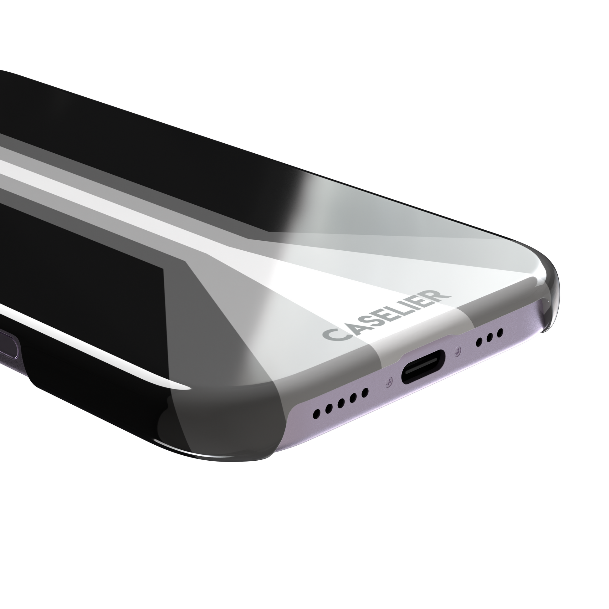 Prism phone case in black with white and grey geometric racing stripes fanning outward from a central vertical line, phone case by Caselier — snap case, charging port detail