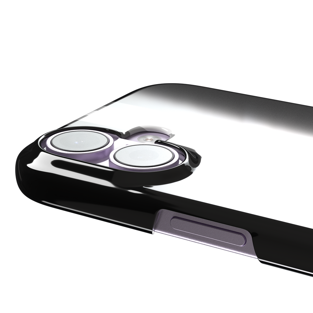 Prism phone case in black with white and grey geometric racing stripes fanning outward from a central vertical line, phone case by Caselier — snap case, volume buttons detail