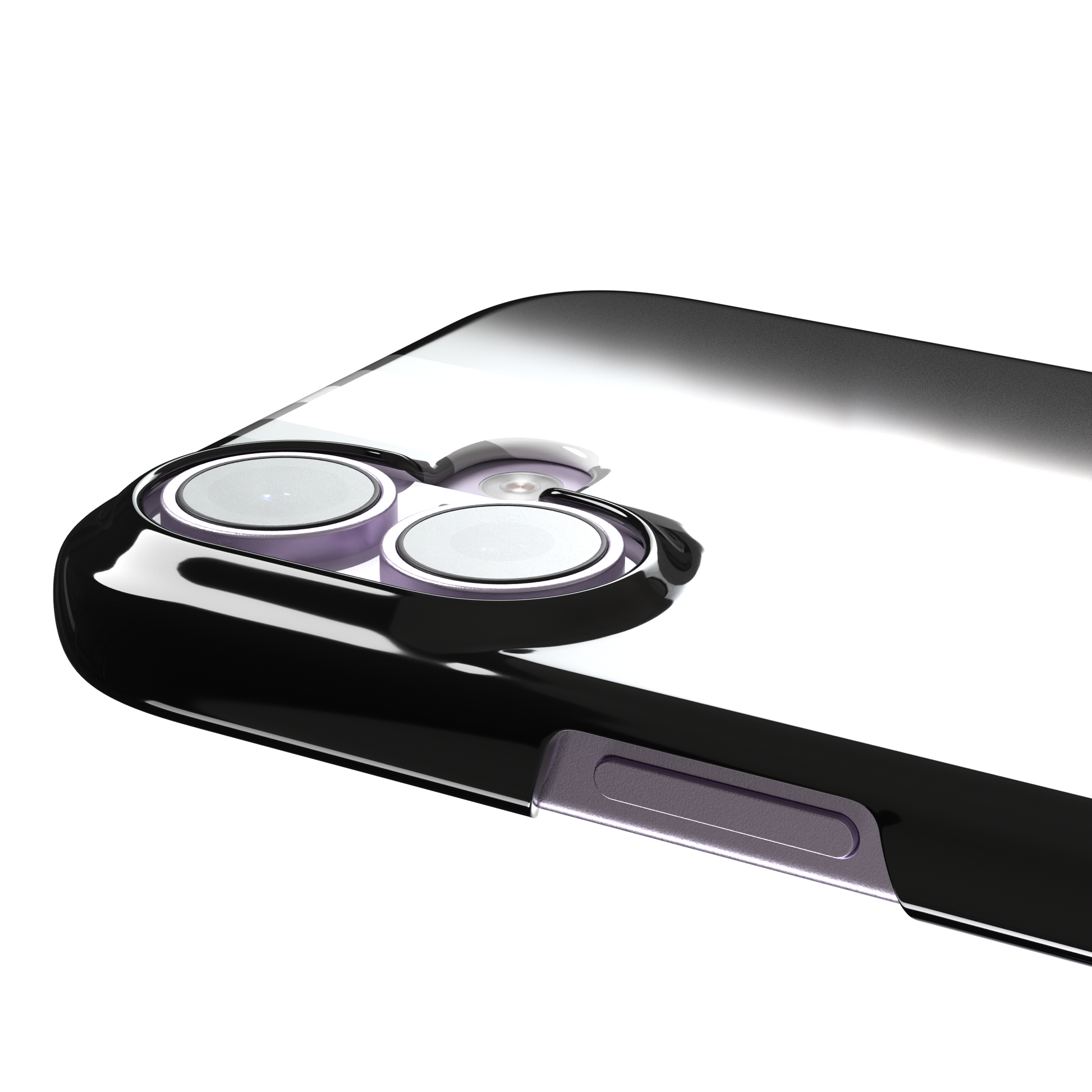 Prism phone case in black with white and grey geometric racing stripes fanning outward from a central vertical line, phone case by Caselier — snap case, volume buttons detail