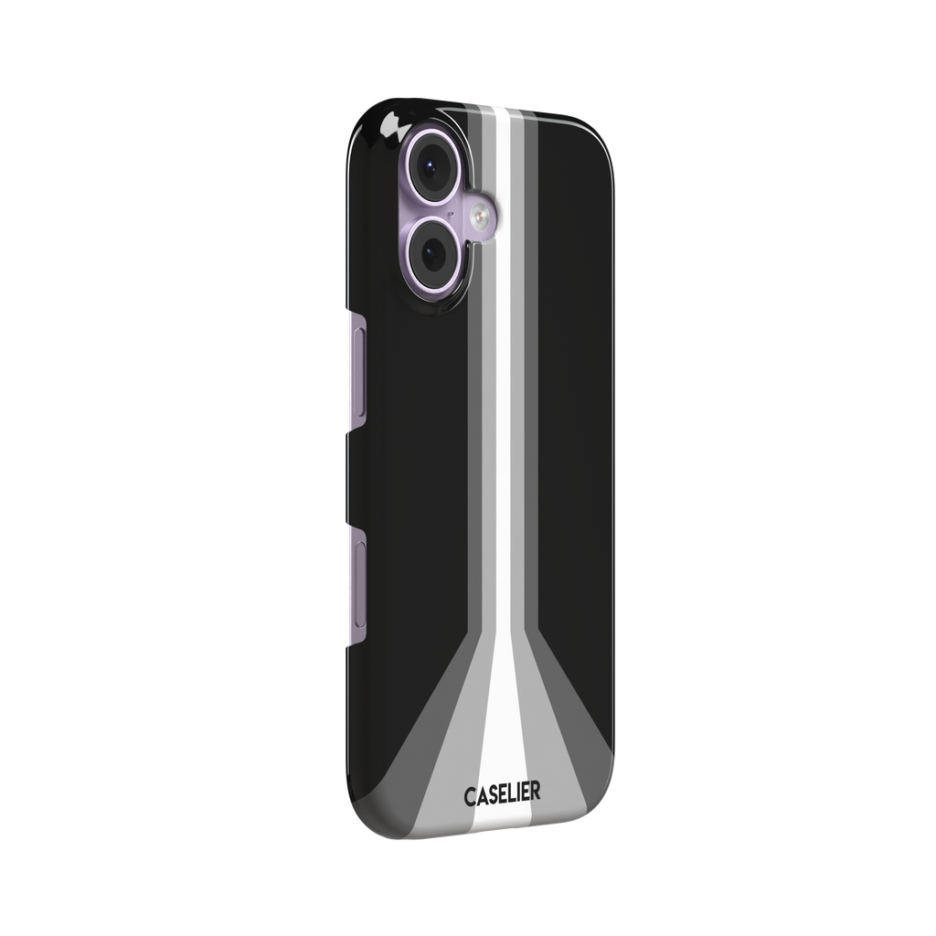 Prism phone case in black with white and grey geometric racing stripes fanning outward from a central vertical line, phone case by Caselier — snap case, left view