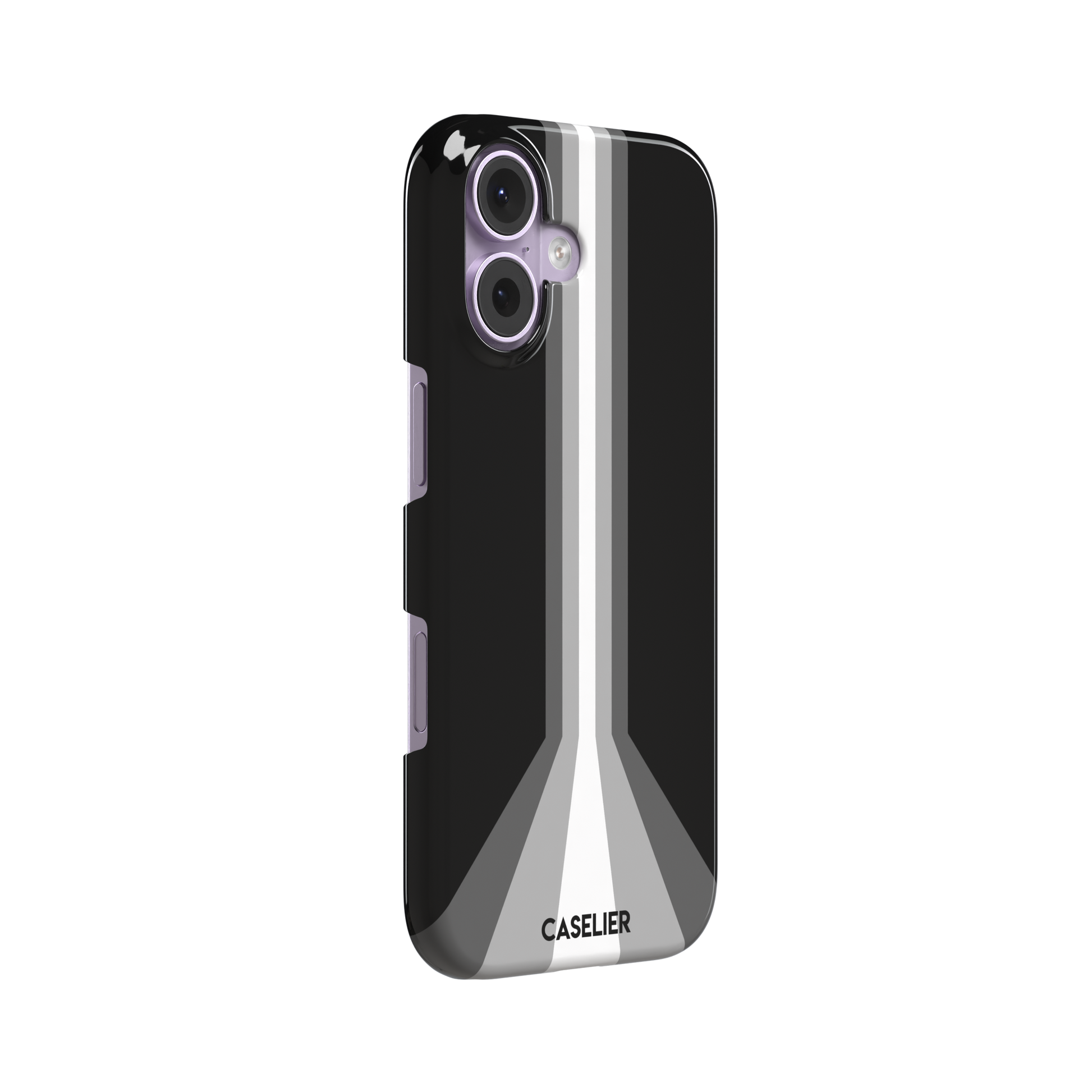 Prism phone case in black with white and grey geometric racing stripes fanning outward from a central vertical line, phone case by Caselier — snap case, left view