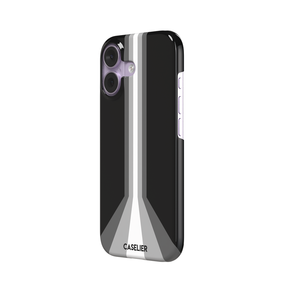 Prism phone case in black with white and grey geometric racing stripes fanning outward from a central vertical line, phone case by Caselier — snap case, right view