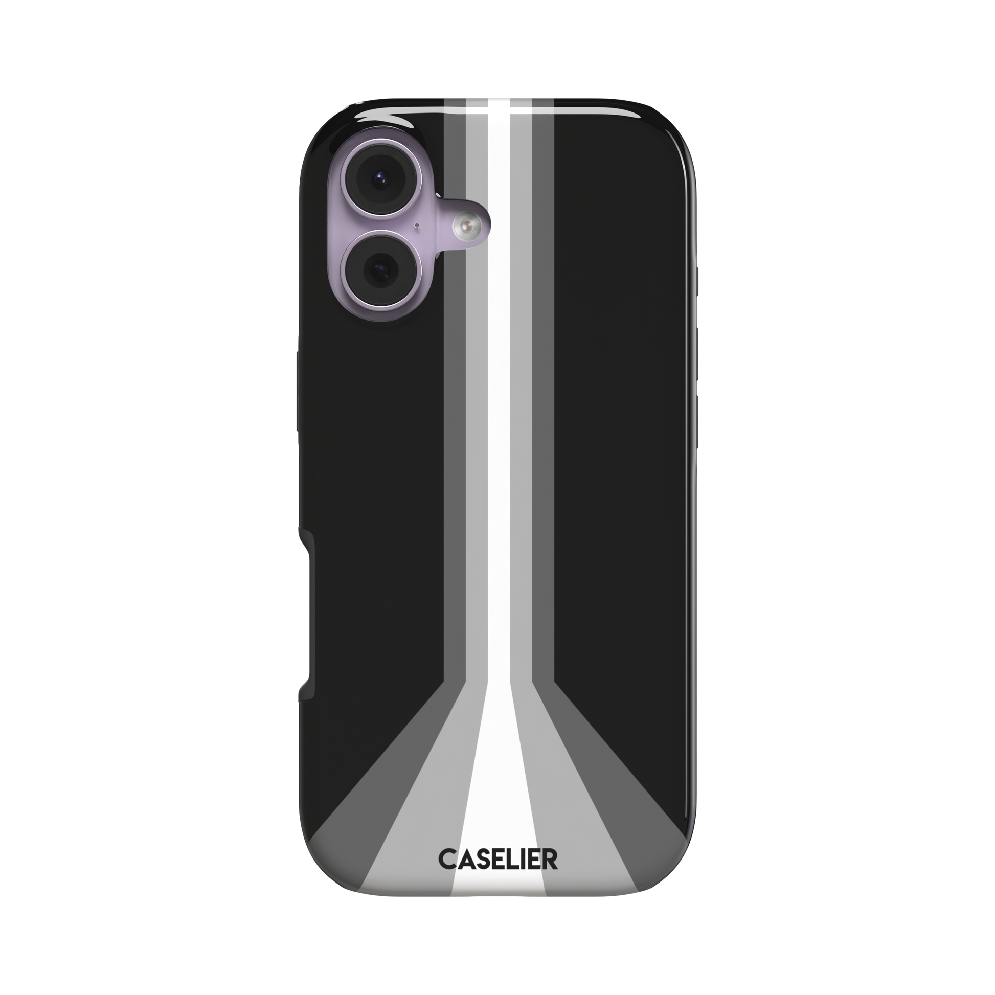 Prism phone case in black with white and grey geometric racing stripes fanning outward from a central vertical line, phone case by Caselier — tough case, front view