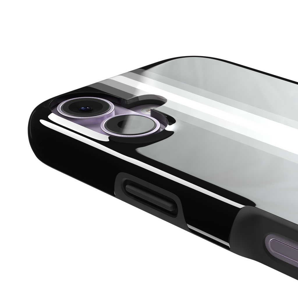Prism phone case in black with white and grey geometric racing stripes fanning outward from a central vertical line, phone case by Caselier — tough case, volume buttons detail