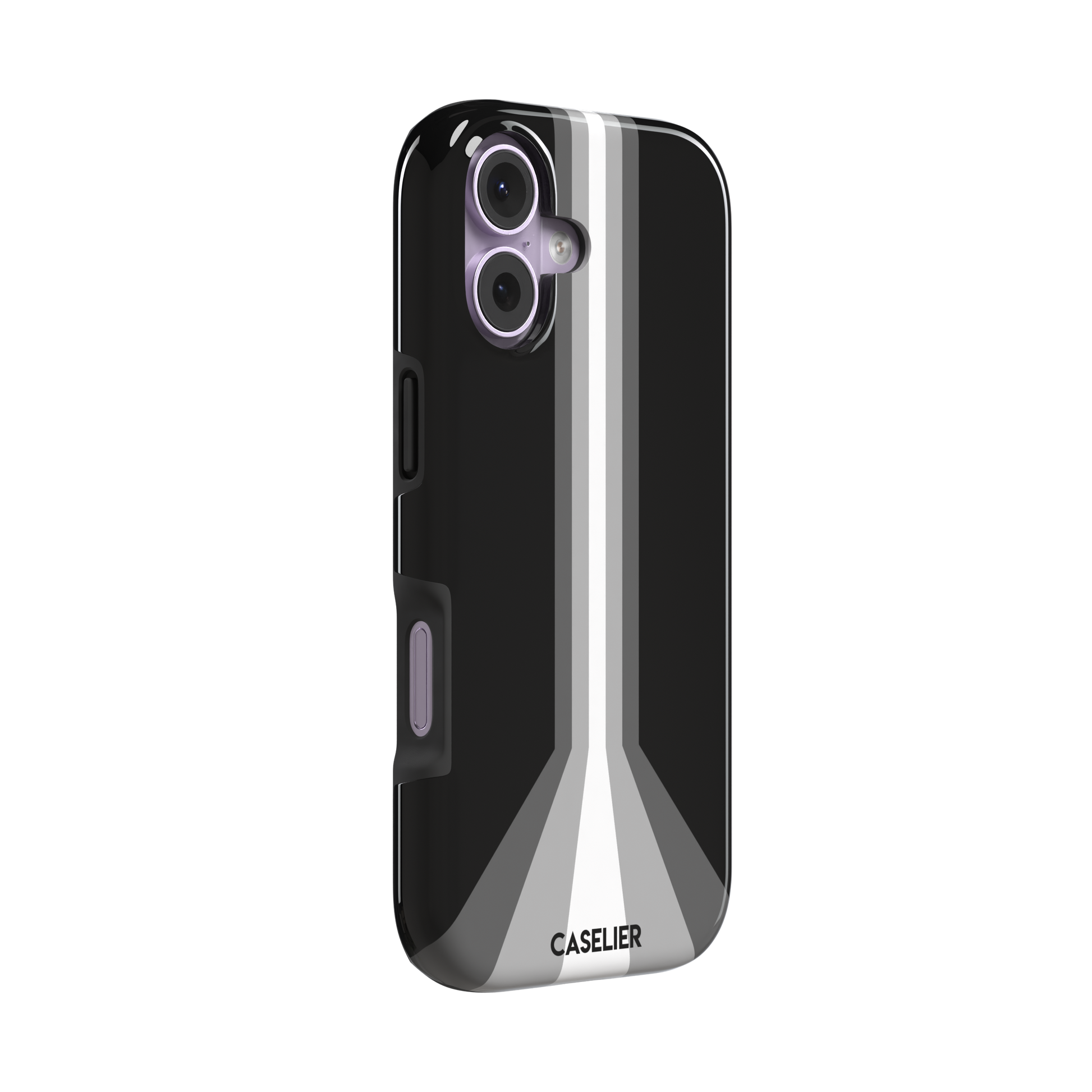 Prism phone case in black with white and grey geometric racing stripes fanning outward from a central vertical line, phone case by Caselier — tough case, left view