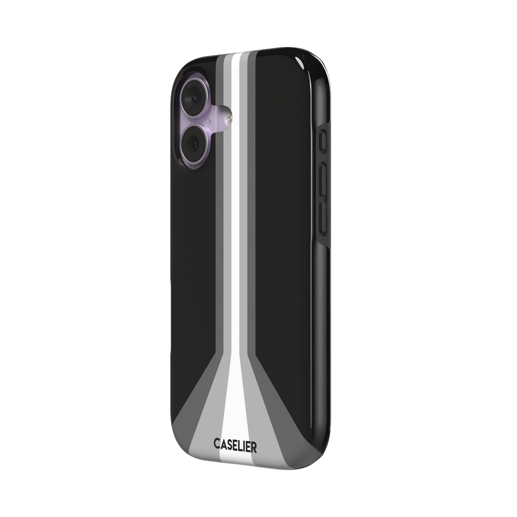 Prism phone case in black with white and grey geometric racing stripes fanning outward from a central vertical line, phone case by Caselier — tough case, right view