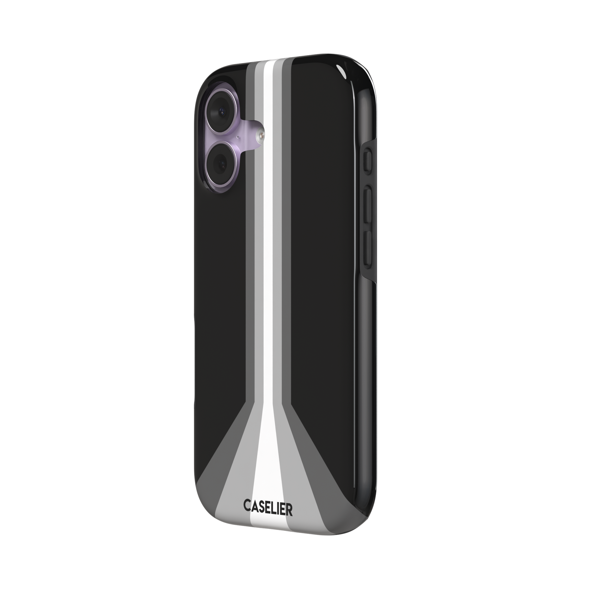 Prism phone case in black with white and grey geometric racing stripes fanning outward from a central vertical line, phone case by Caselier — tough case, right view