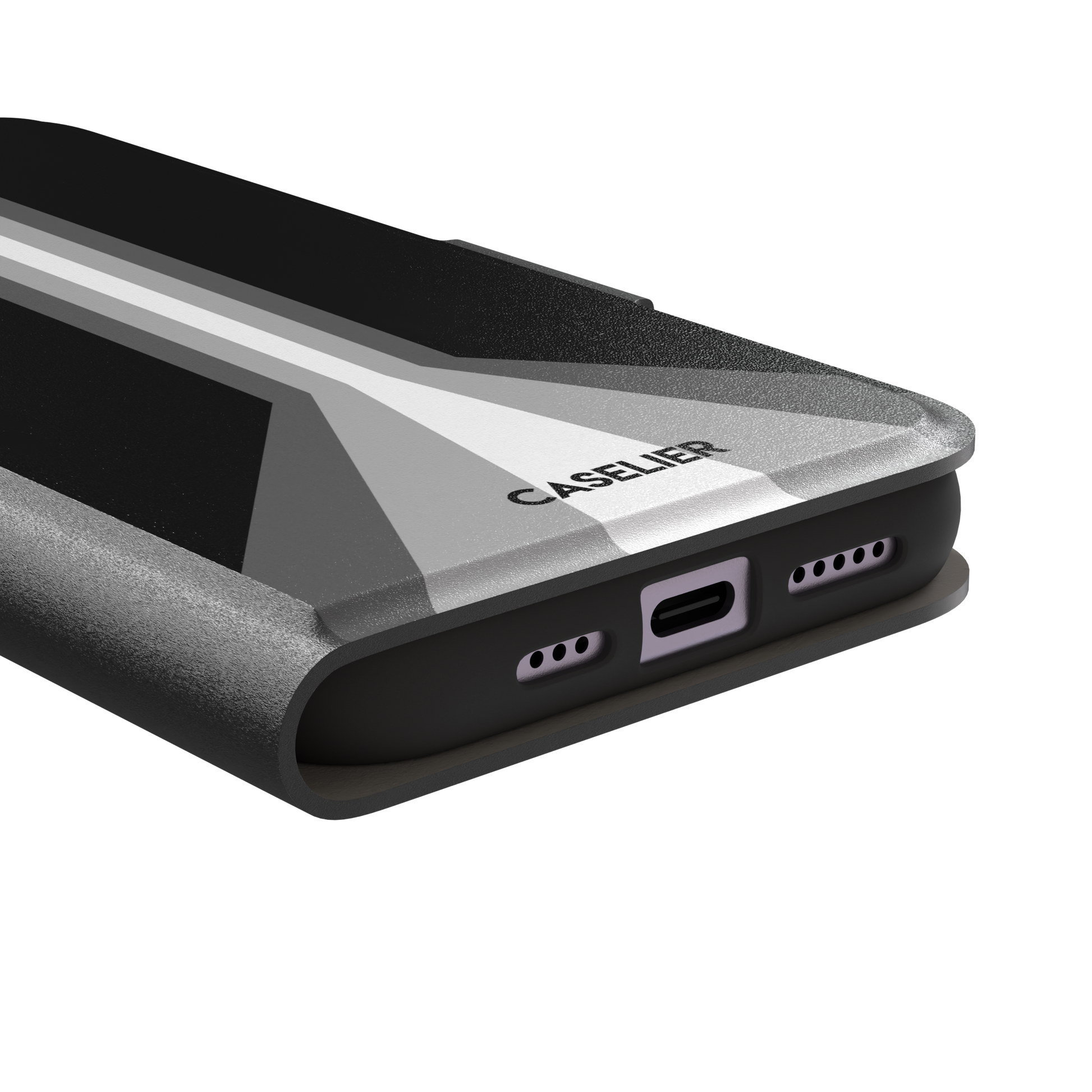 Prism phone case in black with white and grey geometric racing stripes fanning outward from a central vertical line, phone case by Caselier — wallet case, charging port detail