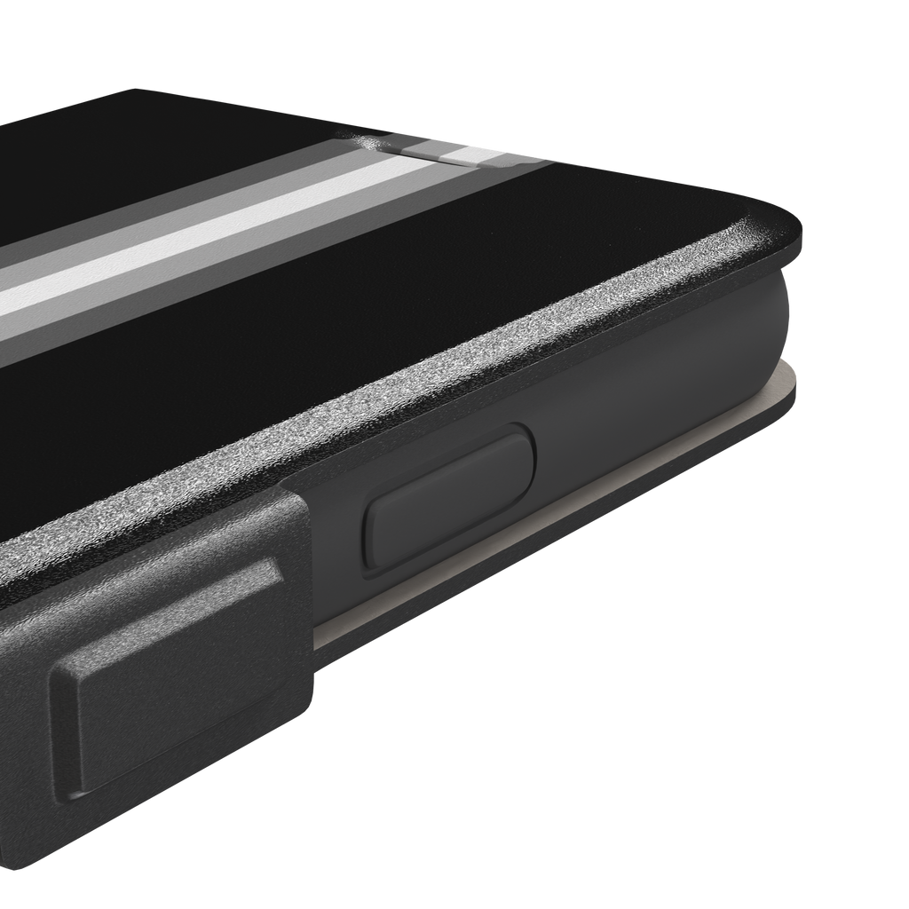 Prism phone case in black with white and grey geometric racing stripes fanning outward from a central vertical line, phone case by Caselier — wallet case, volume buttons detail