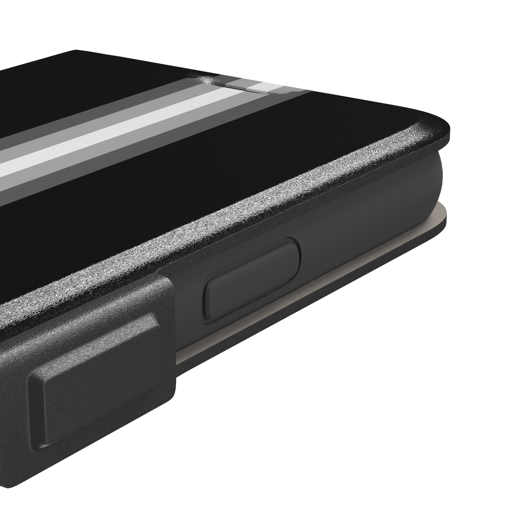 Prism phone case in black with white and grey geometric racing stripes fanning outward from a central vertical line, phone case by Caselier — wallet case, volume buttons detail