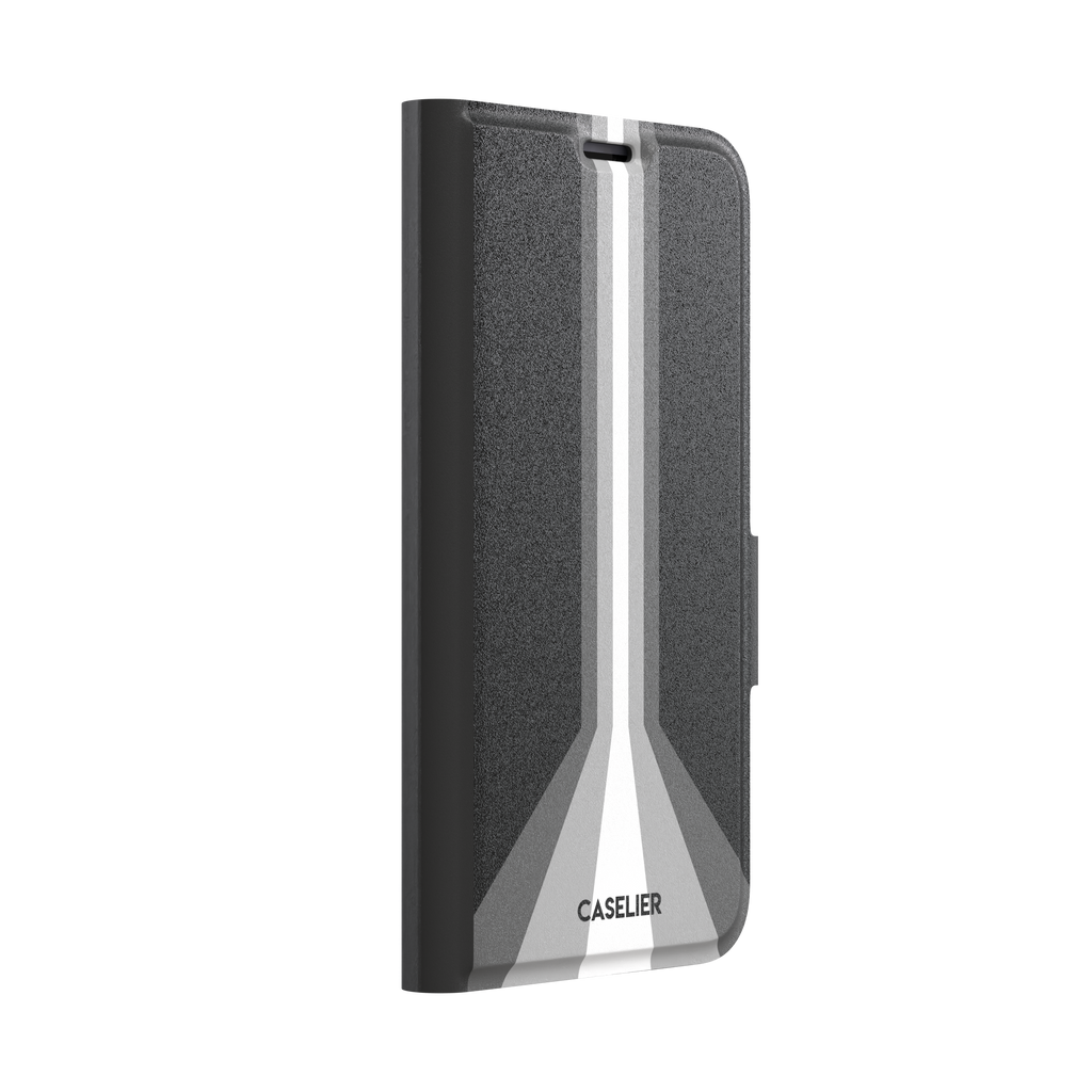 Prism phone case in black with white and grey geometric racing stripes fanning outward from a central vertical line, phone case by Caselier — wallet case, left view