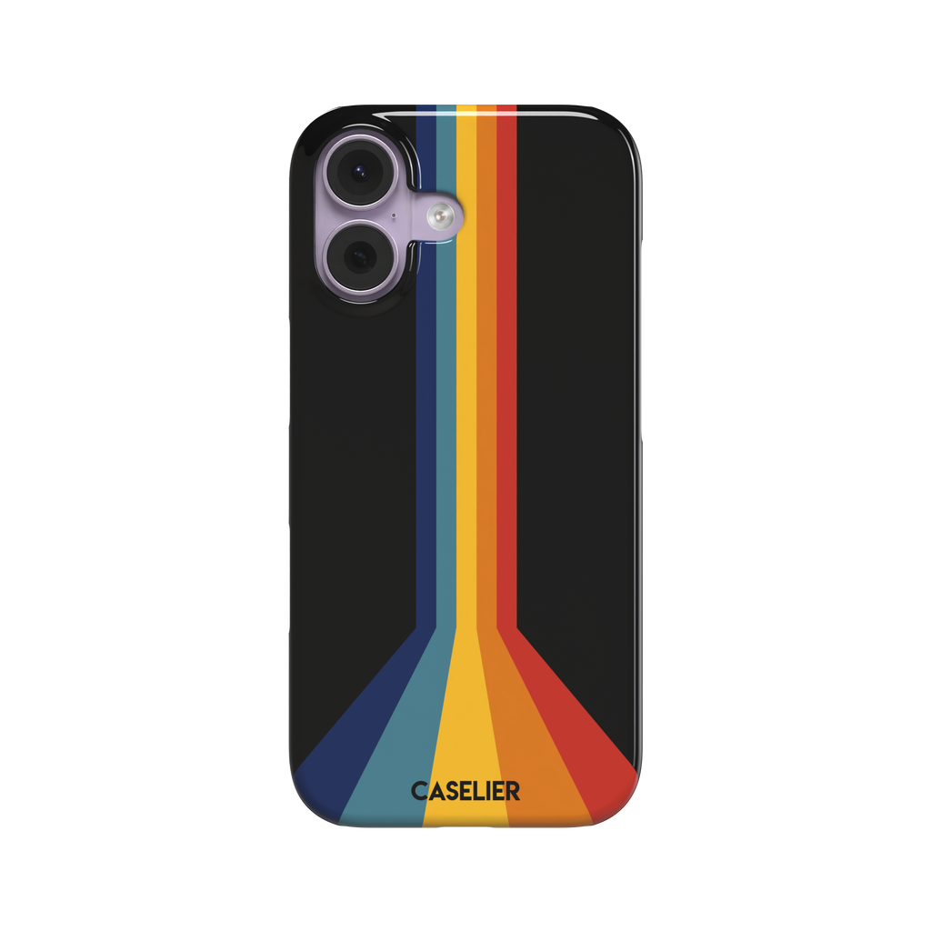Prism phone case color variant showing bold multicolor stripes in red, orange, yellow, teal and navy blue fanning outward on a black background, phone case by Caselier — snap case, front view