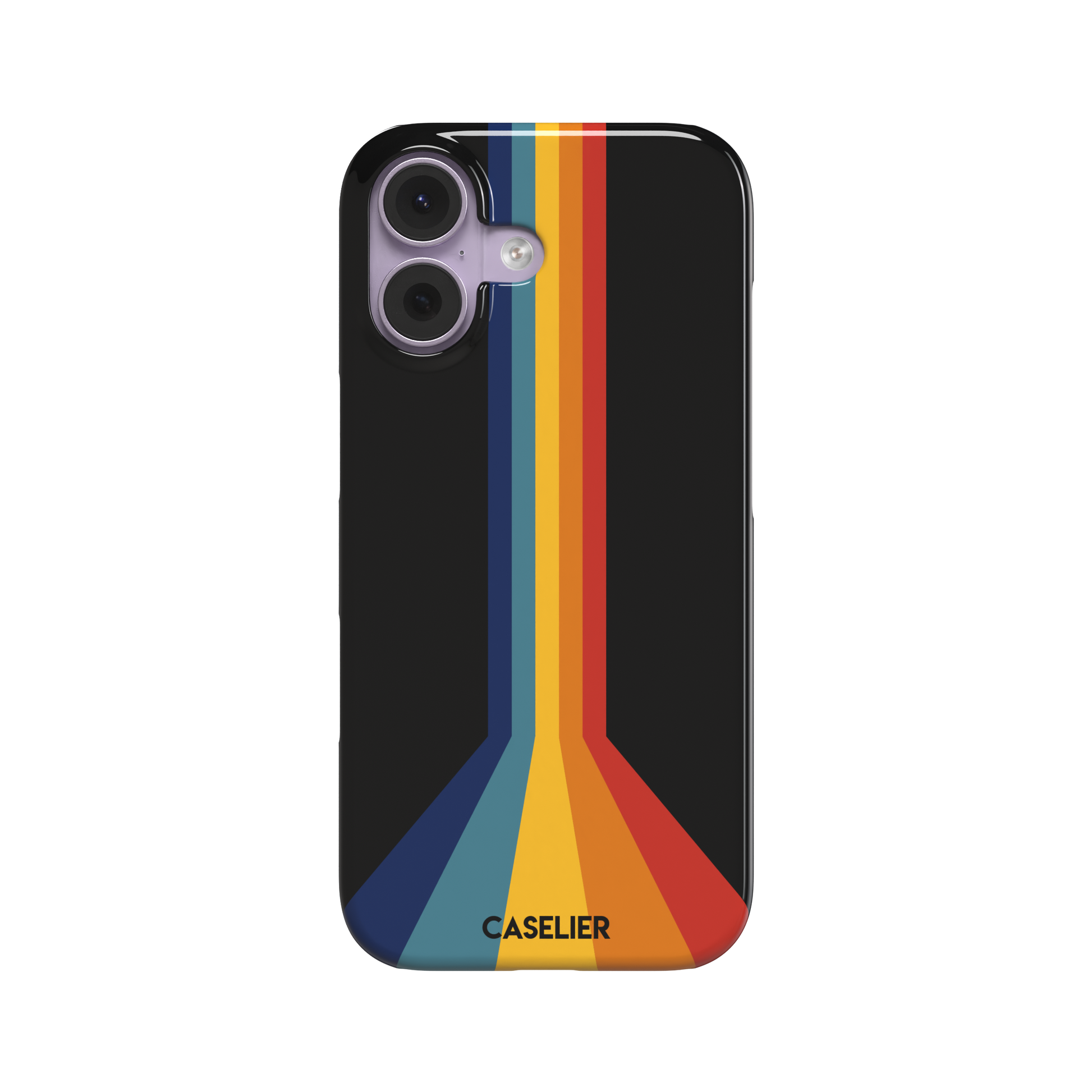 Prism phone case color variant showing bold multicolor stripes in red, orange, yellow, teal and navy blue fanning outward on a black background, phone case by Caselier — snap case, front view