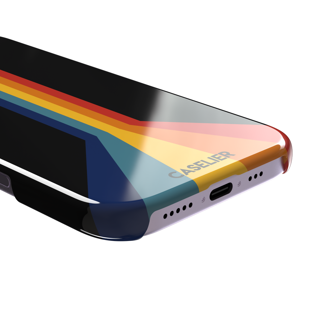 Prism phone case color variant showing bold multicolor stripes in red, orange, yellow, teal and navy blue fanning outward on a black background, phone case by Caselier — snap case, charging port detail