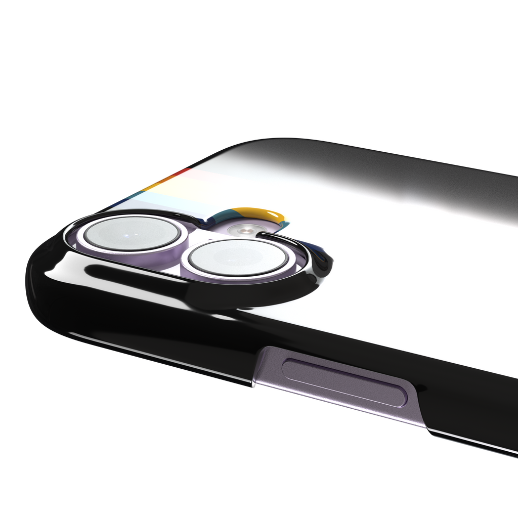 Prism phone case color variant showing bold multicolor stripes in red, orange, yellow, teal and navy blue fanning outward on a black background, phone case by Caselier — snap case, volume buttons detail
