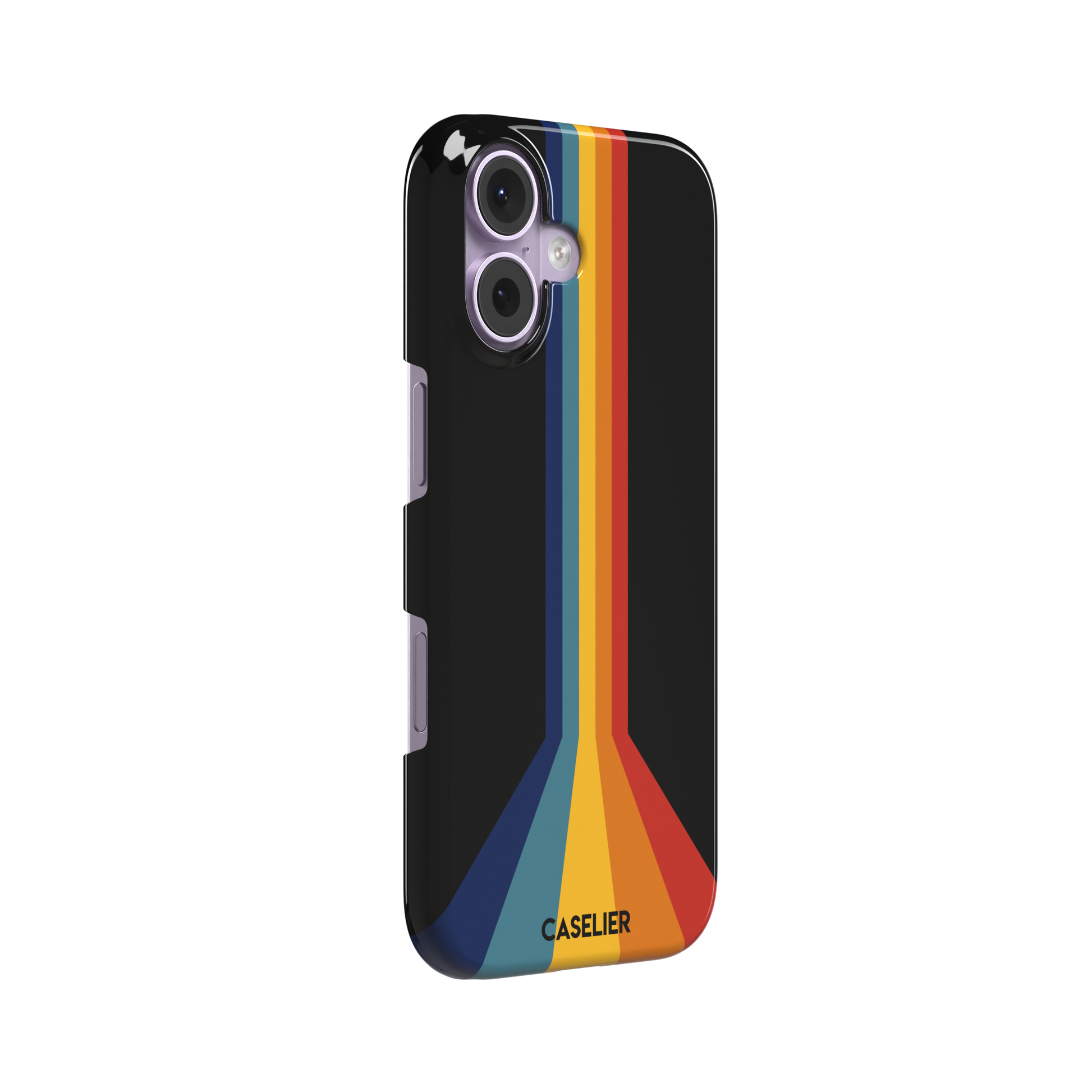 Prism phone case color variant showing bold multicolor stripes in red, orange, yellow, teal and navy blue fanning outward on a black background, phone case by Caselier — snap case, left view