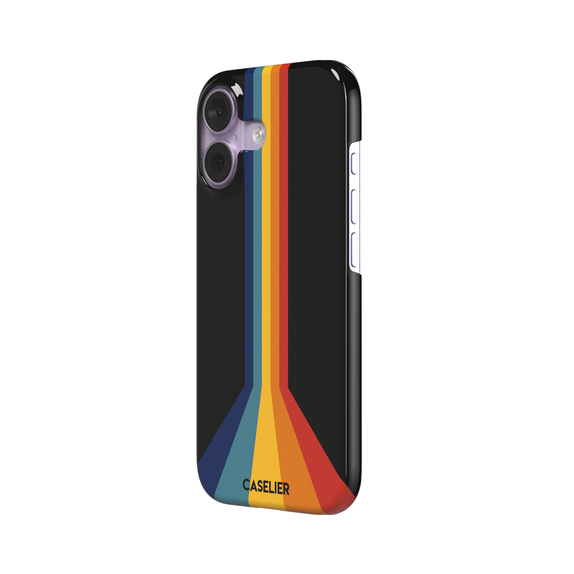 Prism phone case color variant showing bold multicolor stripes in red, orange, yellow, teal and navy blue fanning outward on a black background, phone case by Caselier — snap case, right view