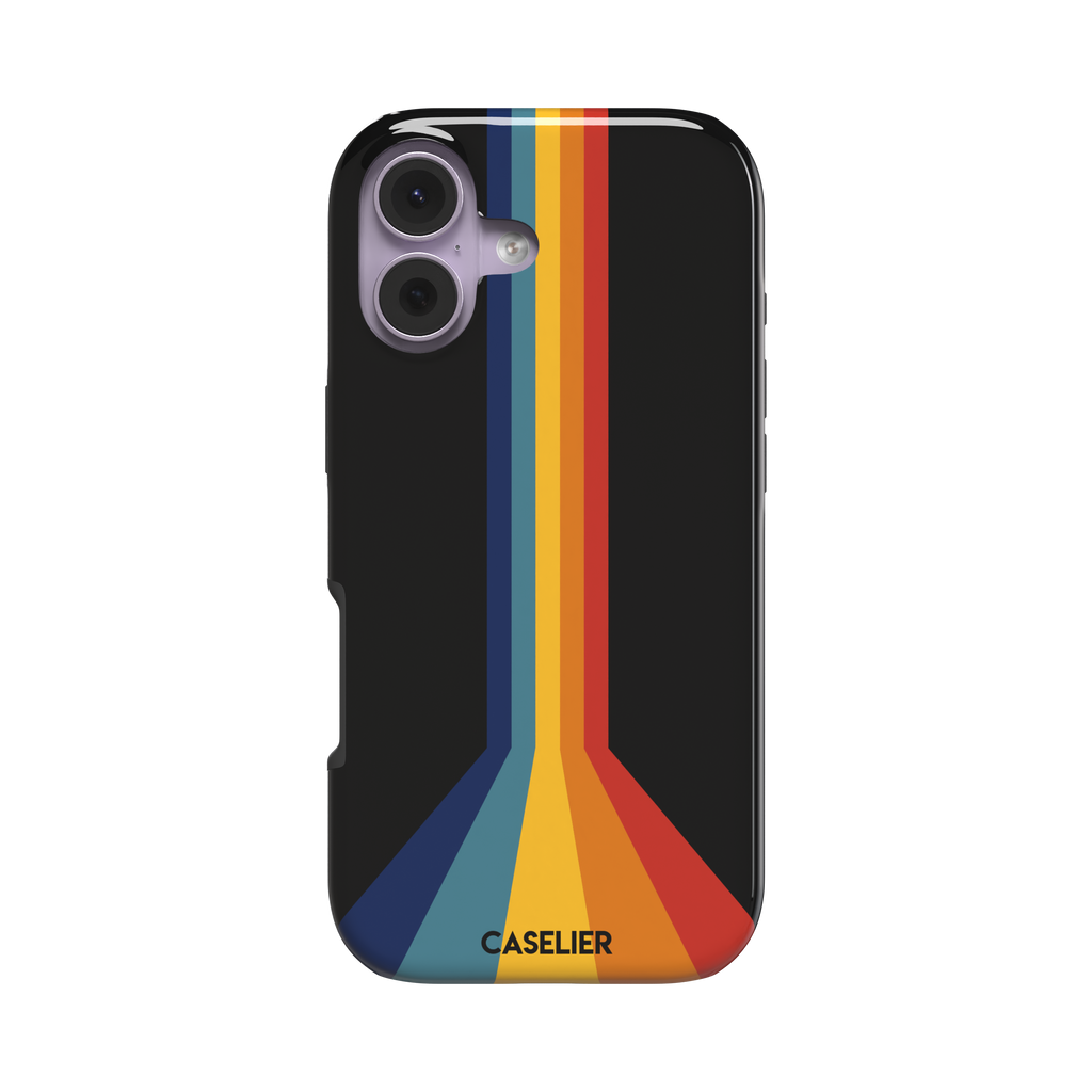 Prism phone case color variant showing bold multicolor stripes in red, orange, yellow, teal and navy blue fanning outward on a black background, phone case by Caselier — tough case, front view