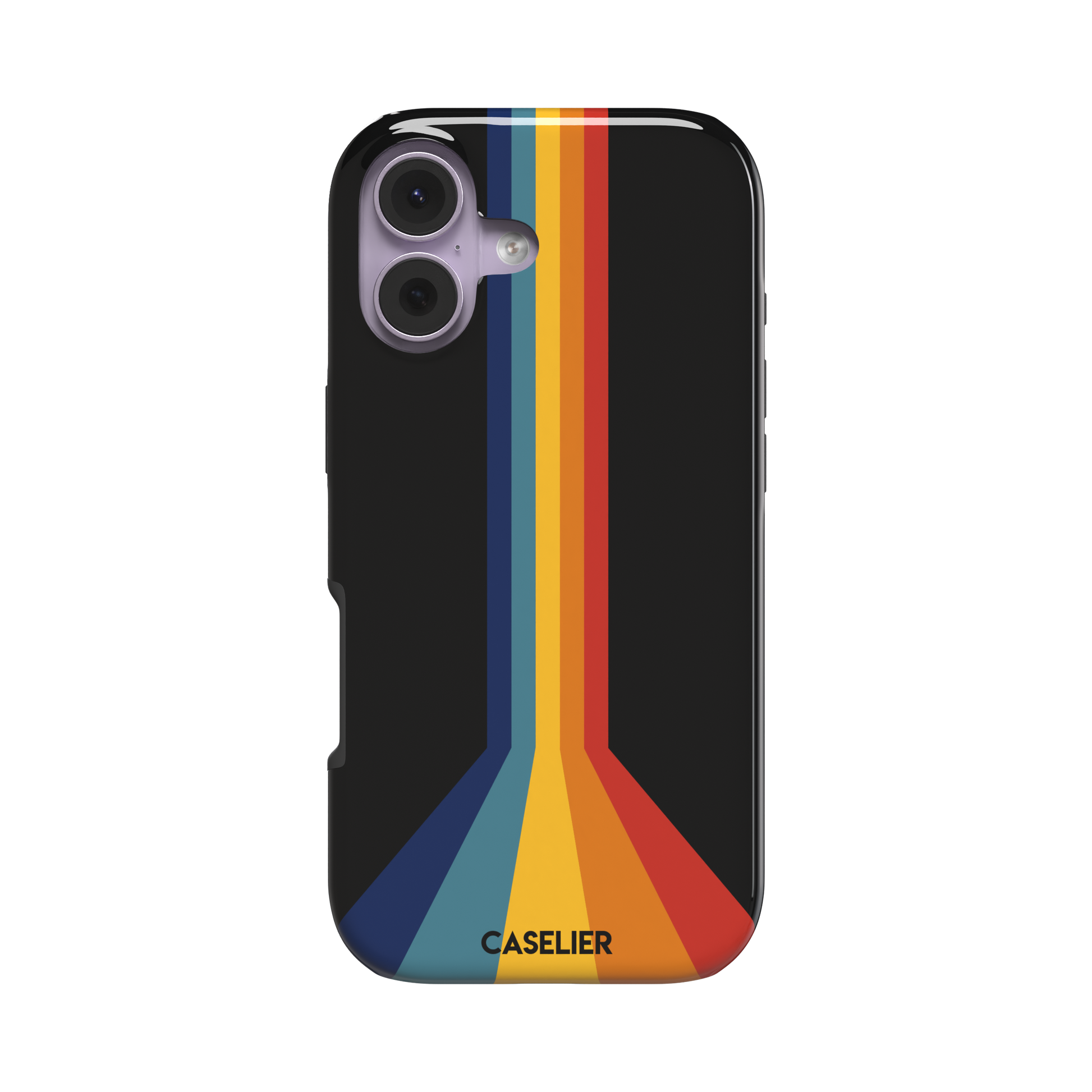 Prism phone case color variant showing bold multicolor stripes in red, orange, yellow, teal and navy blue fanning outward on a black background, phone case by Caselier — tough case, front view