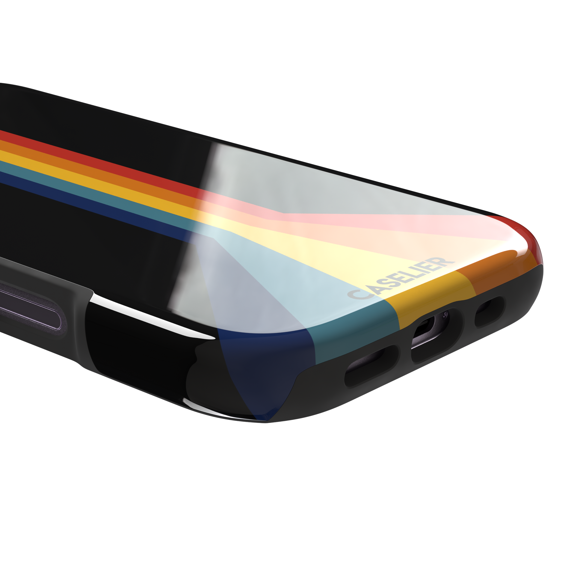 Prism phone case color variant showing bold multicolor stripes in red, orange, yellow, teal and navy blue fanning outward on a black background, phone case by Caselier — tough case, charging port detail