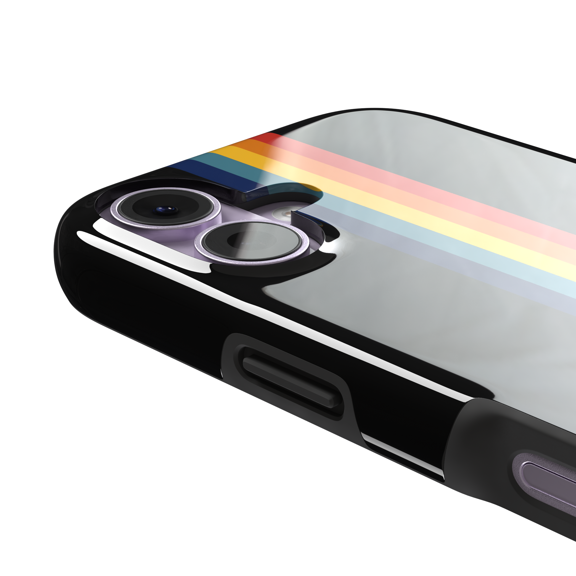 Prism phone case color variant showing bold multicolor stripes in red, orange, yellow, teal and navy blue fanning outward on a black background, phone case by Caselier — tough case, volume buttons detail