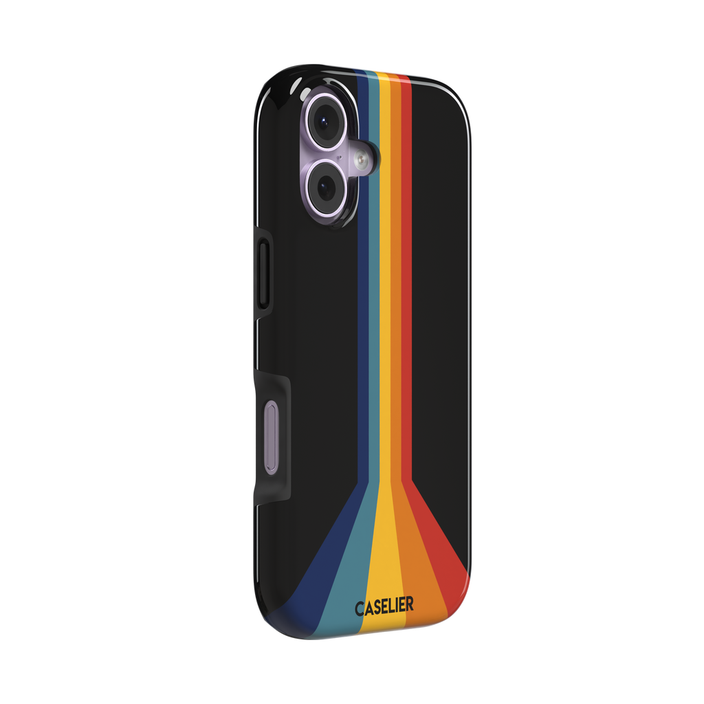 Prism phone case color variant showing bold multicolor stripes in red, orange, yellow, teal and navy blue fanning outward on a black background, phone case by Caselier — tough case, left view