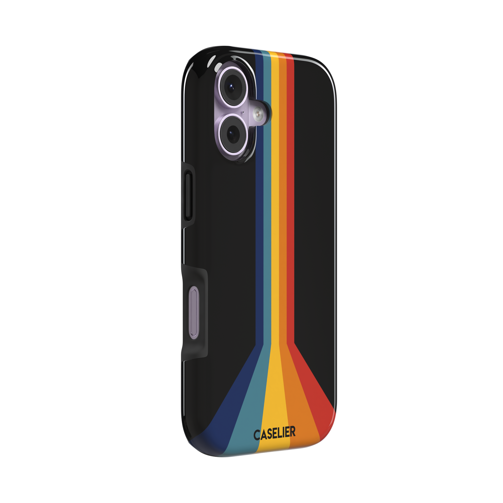 Prism phone case color variant showing bold multicolor stripes in red, orange, yellow, teal and navy blue fanning outward on a black background, phone case by Caselier — tough case, left view
