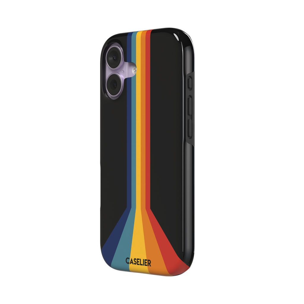 Prism phone case color variant showing bold multicolor stripes in red, orange, yellow, teal and navy blue fanning outward on a black background, phone case by Caselier — tough case, right view