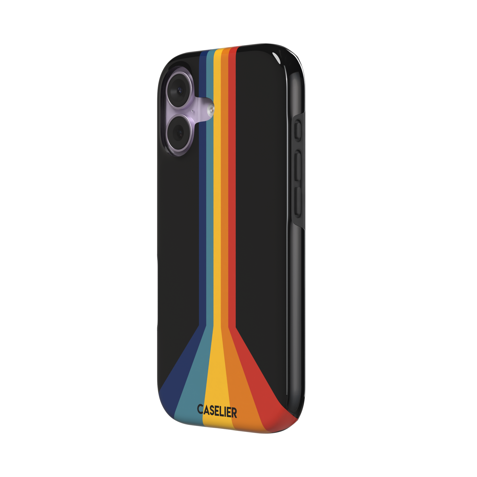 Prism phone case color variant showing bold multicolor stripes in red, orange, yellow, teal and navy blue fanning outward on a black background, phone case by Caselier — tough case, right view