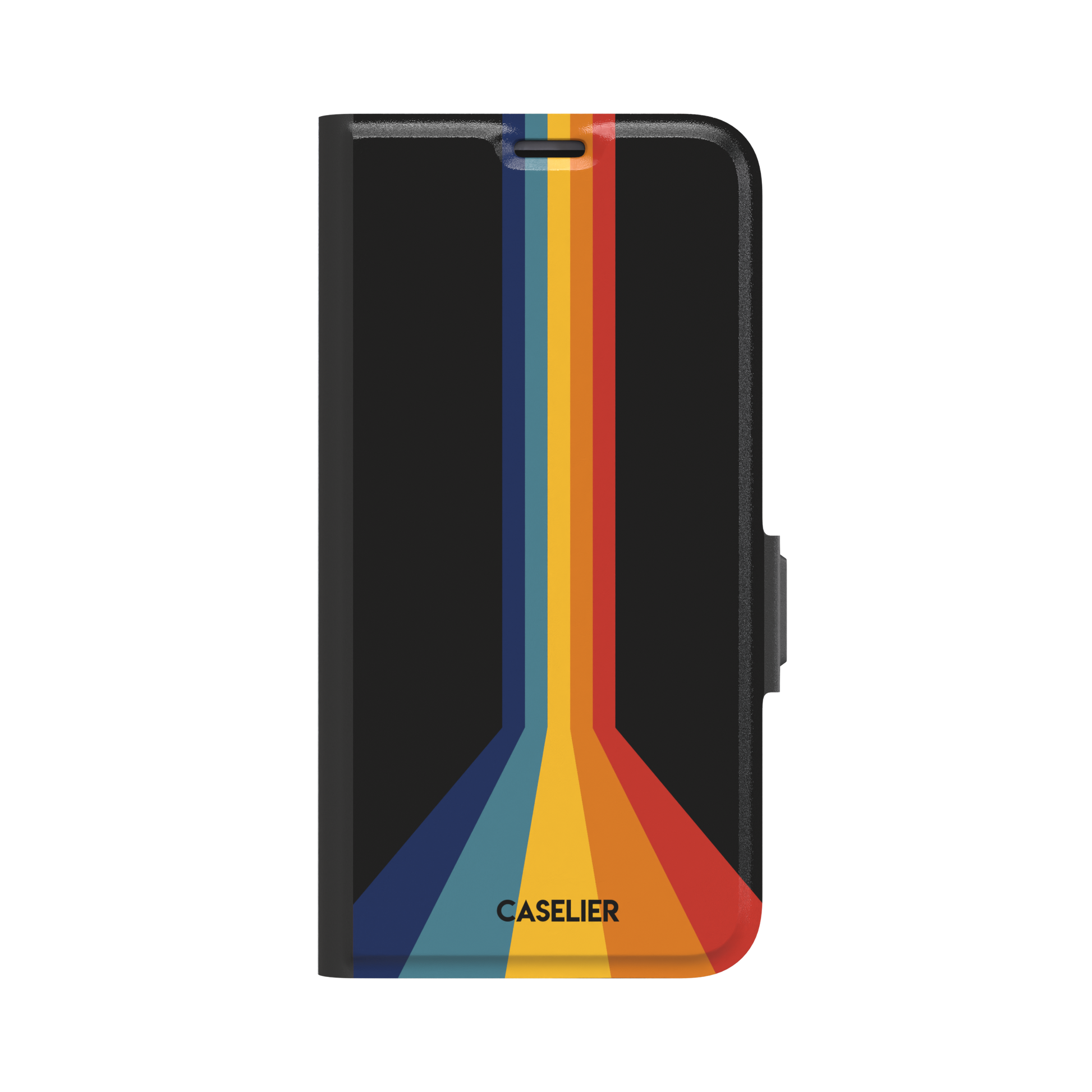 Prism phone case color variant showing bold multicolor stripes in red, orange, yellow, teal and navy blue fanning outward on a black background, phone case by Caselier — wallet case, front view