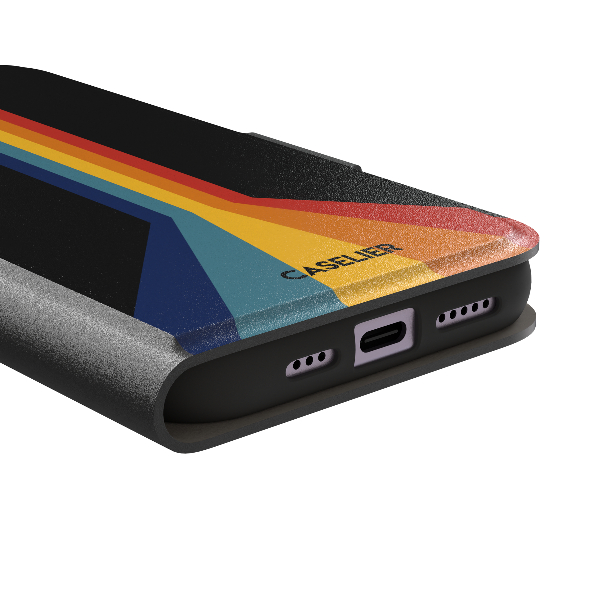 Prism phone case color variant showing bold multicolor stripes in red, orange, yellow, teal and navy blue fanning outward on a black background, phone case by Caselier — wallet case, charging port detail