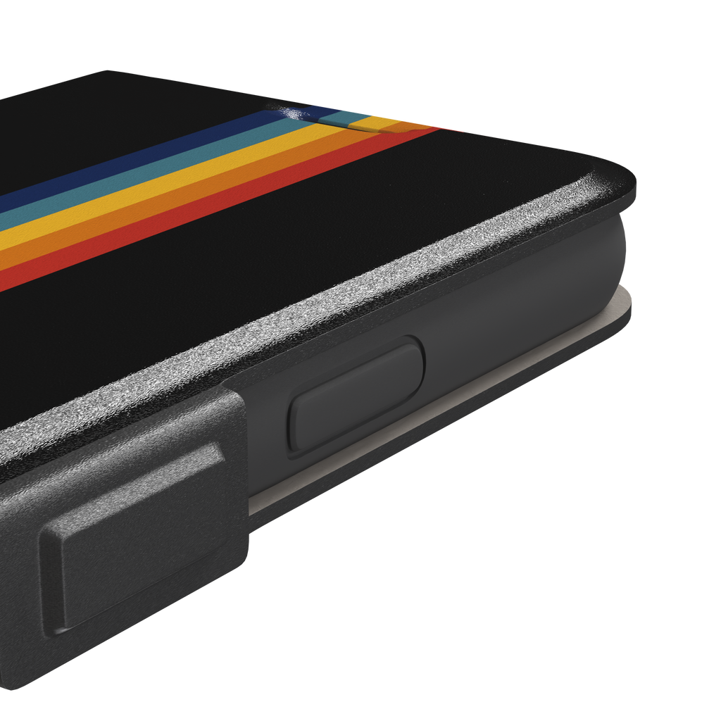Prism phone case color variant showing bold multicolor stripes in red, orange, yellow, teal and navy blue fanning outward on a black background, phone case by Caselier — wallet case, volume buttons detail