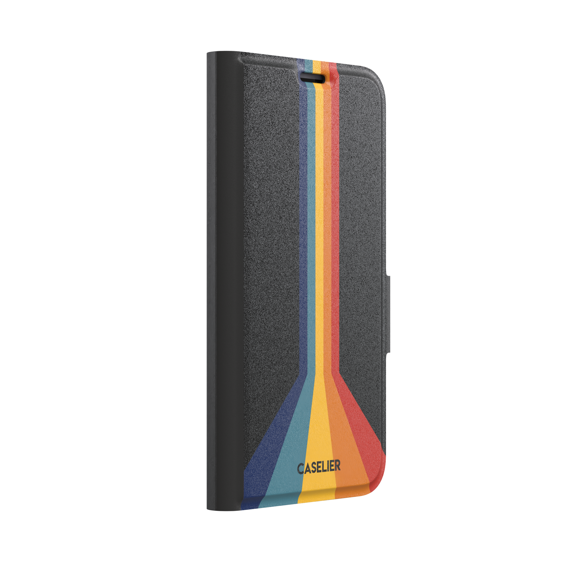 Prism phone case color variant showing bold multicolor stripes in red, orange, yellow, teal and navy blue fanning outward on a black background, phone case by Caselier — wallet case, left view