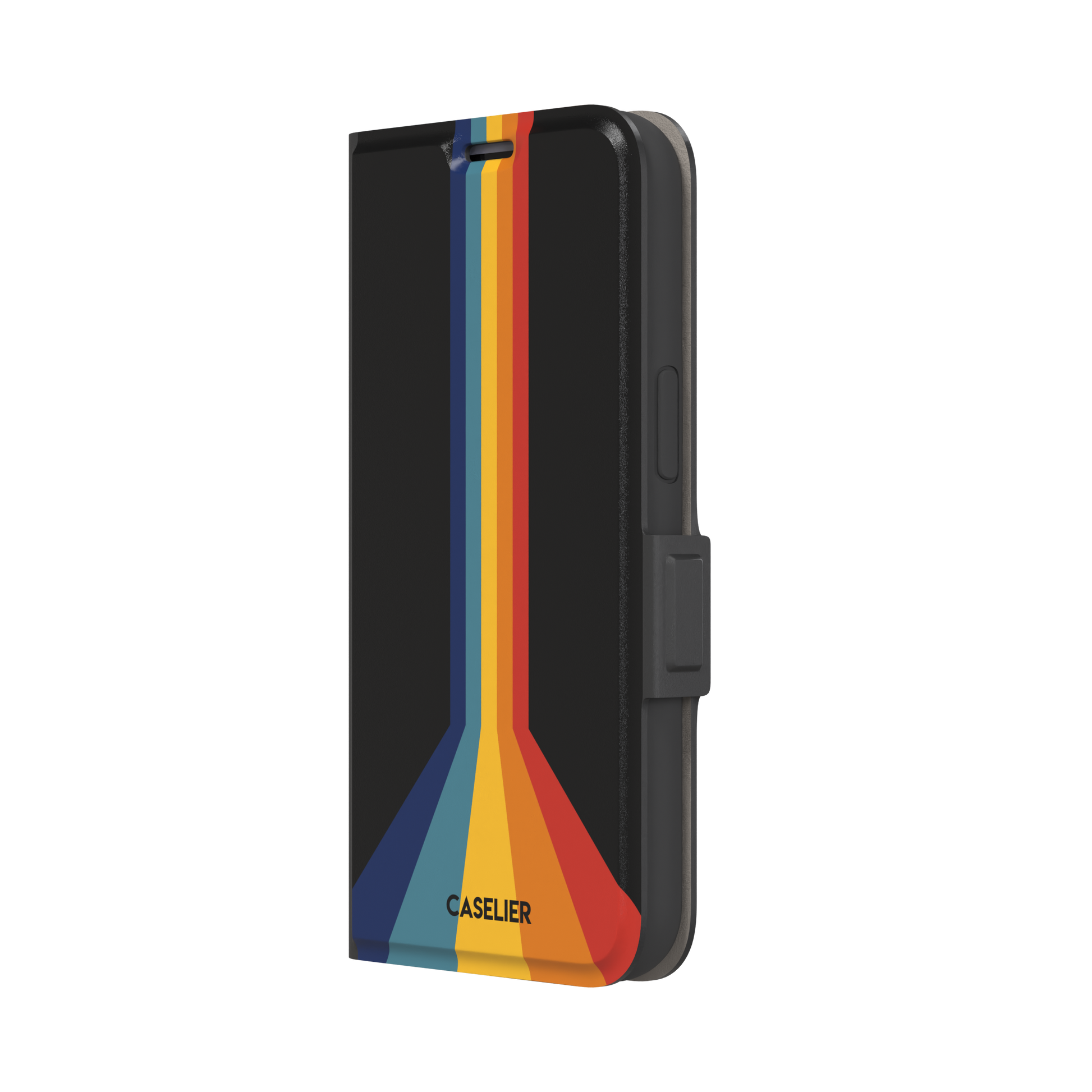 Prism phone case color variant showing bold multicolor stripes in red, orange, yellow, teal and navy blue fanning outward on a black background, phone case by Caselier — wallet case, right view