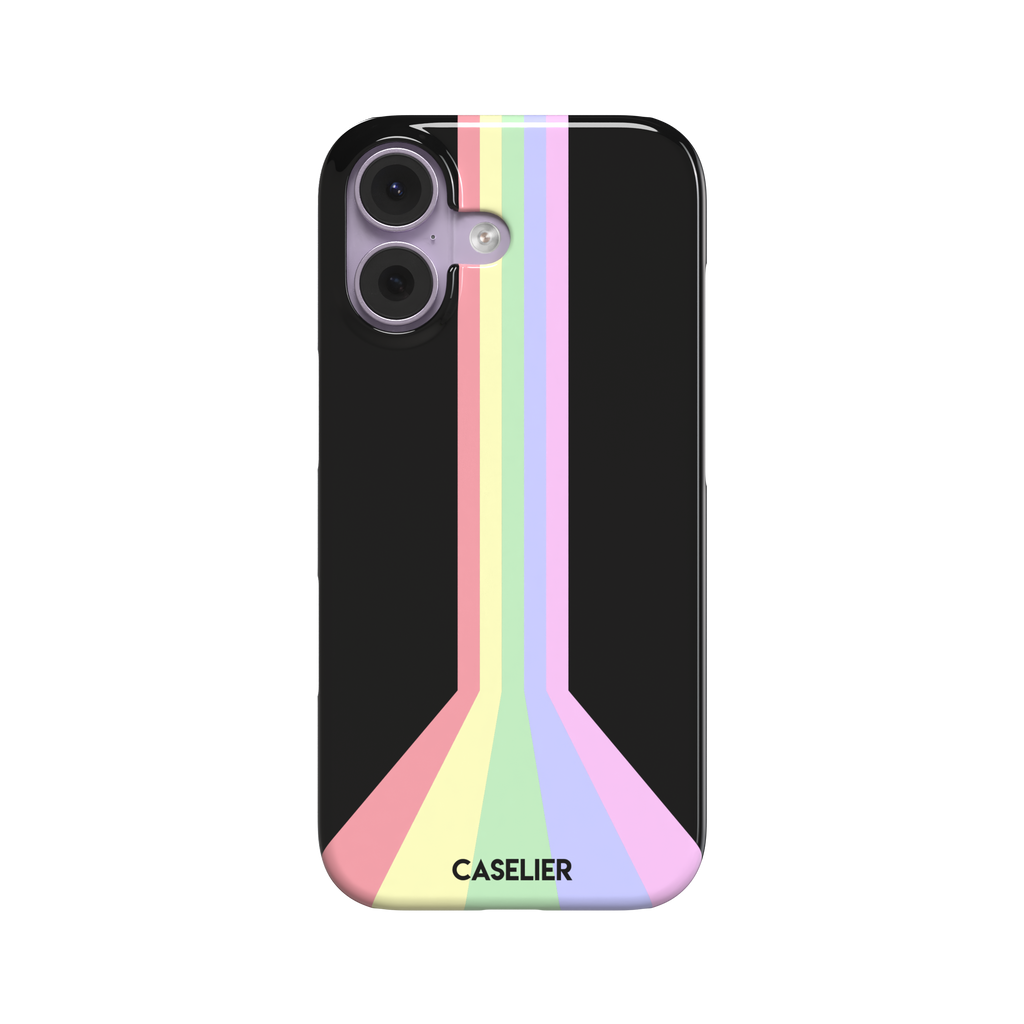 Prism phone case color variant featuring soft pastel stripes in pink, yellow, mint green, lavender and lilac spreading outward on a black background, phone case by Caselier — snap case, front view
