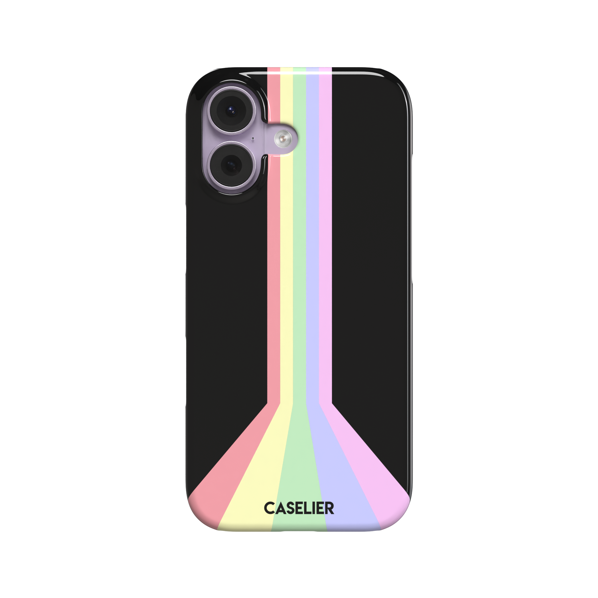 Prism phone case color variant featuring soft pastel stripes in pink, yellow, mint green, lavender and lilac spreading outward on a black background, phone case by Caselier — snap case, front view