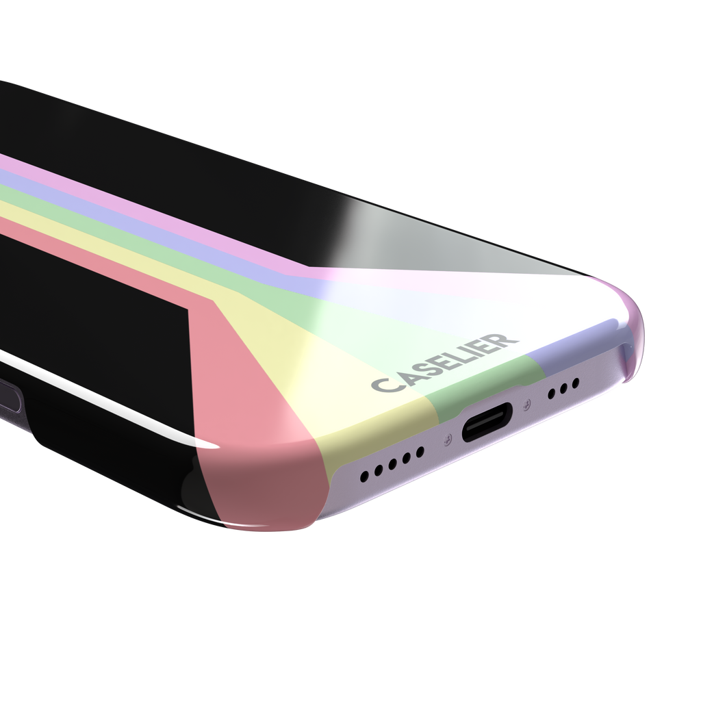 Prism phone case color variant featuring soft pastel stripes in pink, yellow, mint green, lavender and lilac spreading outward on a black background, phone case by Caselier — snap case, charging port detail