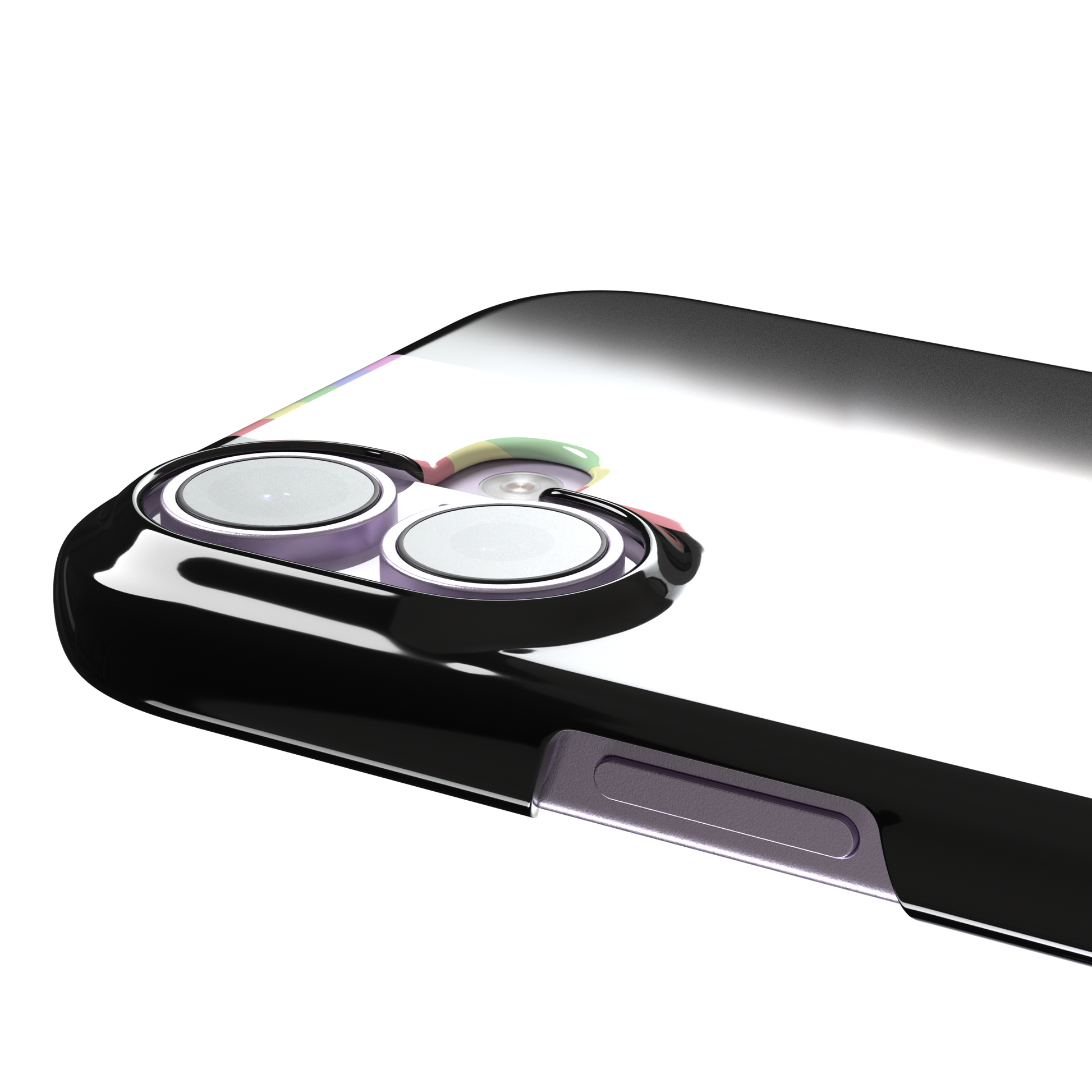 Prism phone case color variant featuring soft pastel stripes in pink, yellow, mint green, lavender and lilac spreading outward on a black background, phone case by Caselier — snap case, volume buttons detail