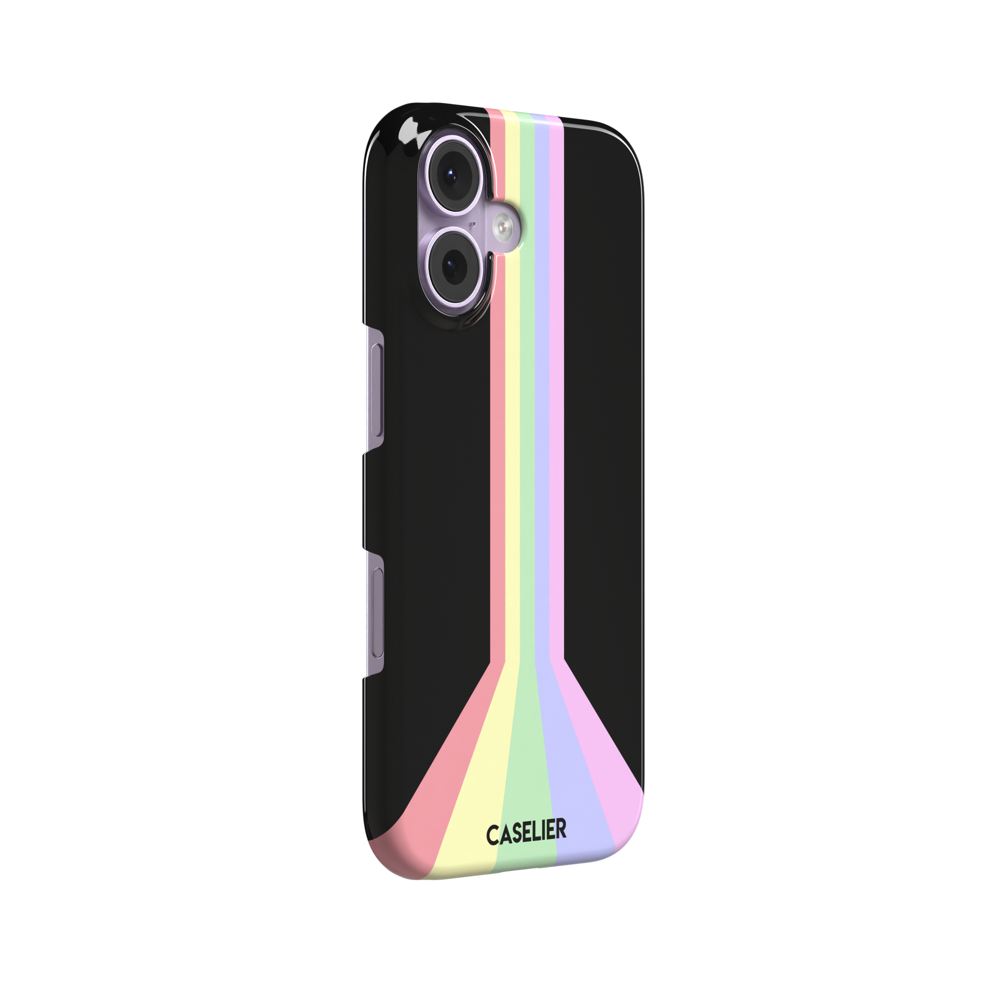 Prism phone case color variant featuring soft pastel stripes in pink, yellow, mint green, lavender and lilac spreading outward on a black background, phone case by Caselier — snap case, left view