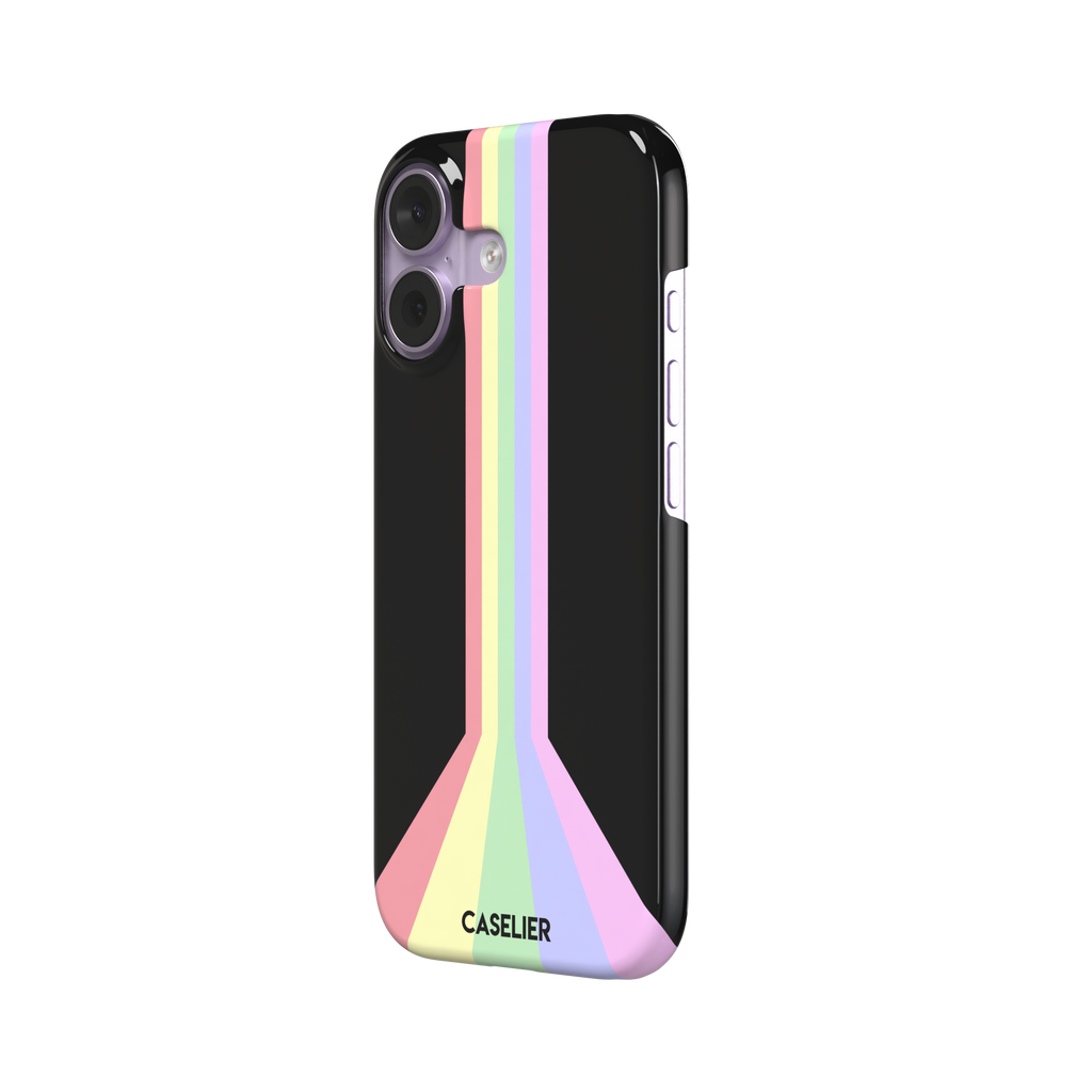 Prism phone case color variant featuring soft pastel stripes in pink, yellow, mint green, lavender and lilac spreading outward on a black background, phone case by Caselier — snap case, right view