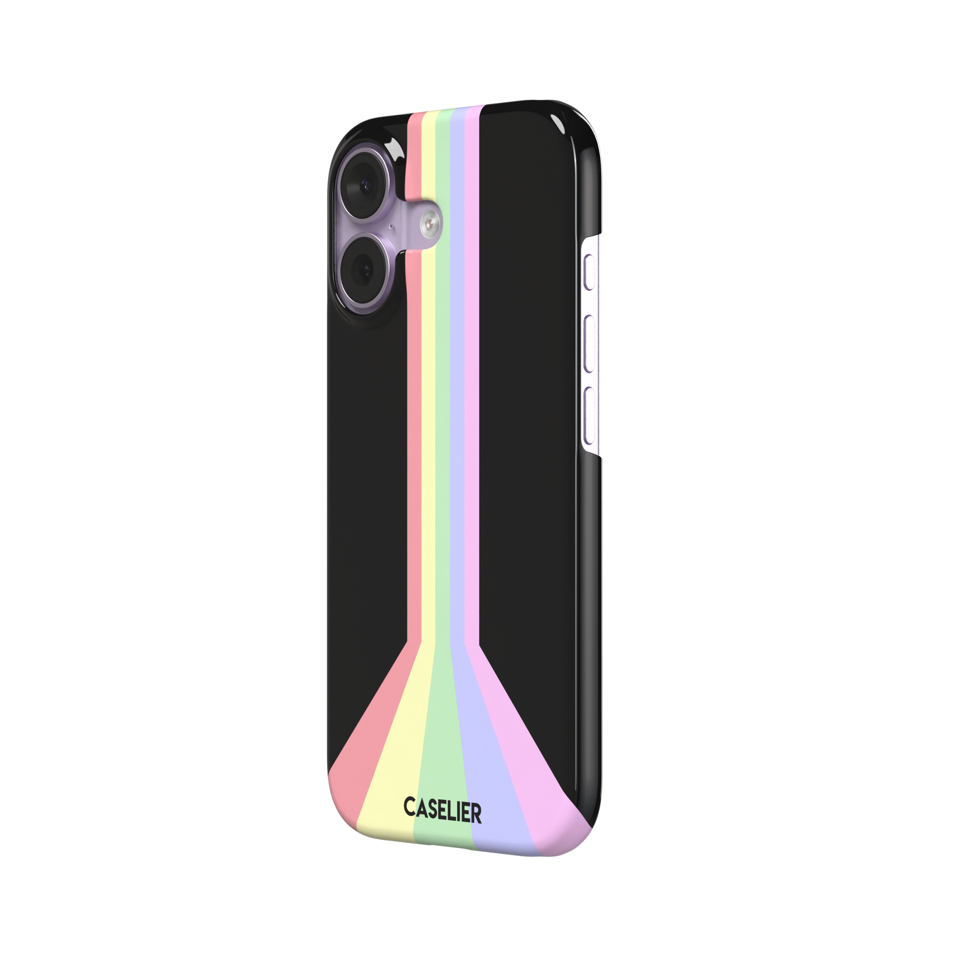 Prism phone case color variant featuring soft pastel stripes in pink, yellow, mint green, lavender and lilac spreading outward on a black background, phone case by Caselier — snap case, right view