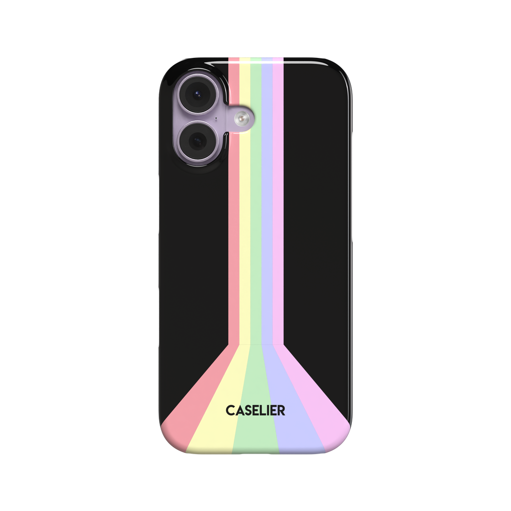 Prism Pastel phone case with soft rainbow stripes in pink, yellow, mint, lavender and lilac fanning out on a black background, phone case by Caselier - snap case, front view | Caselier