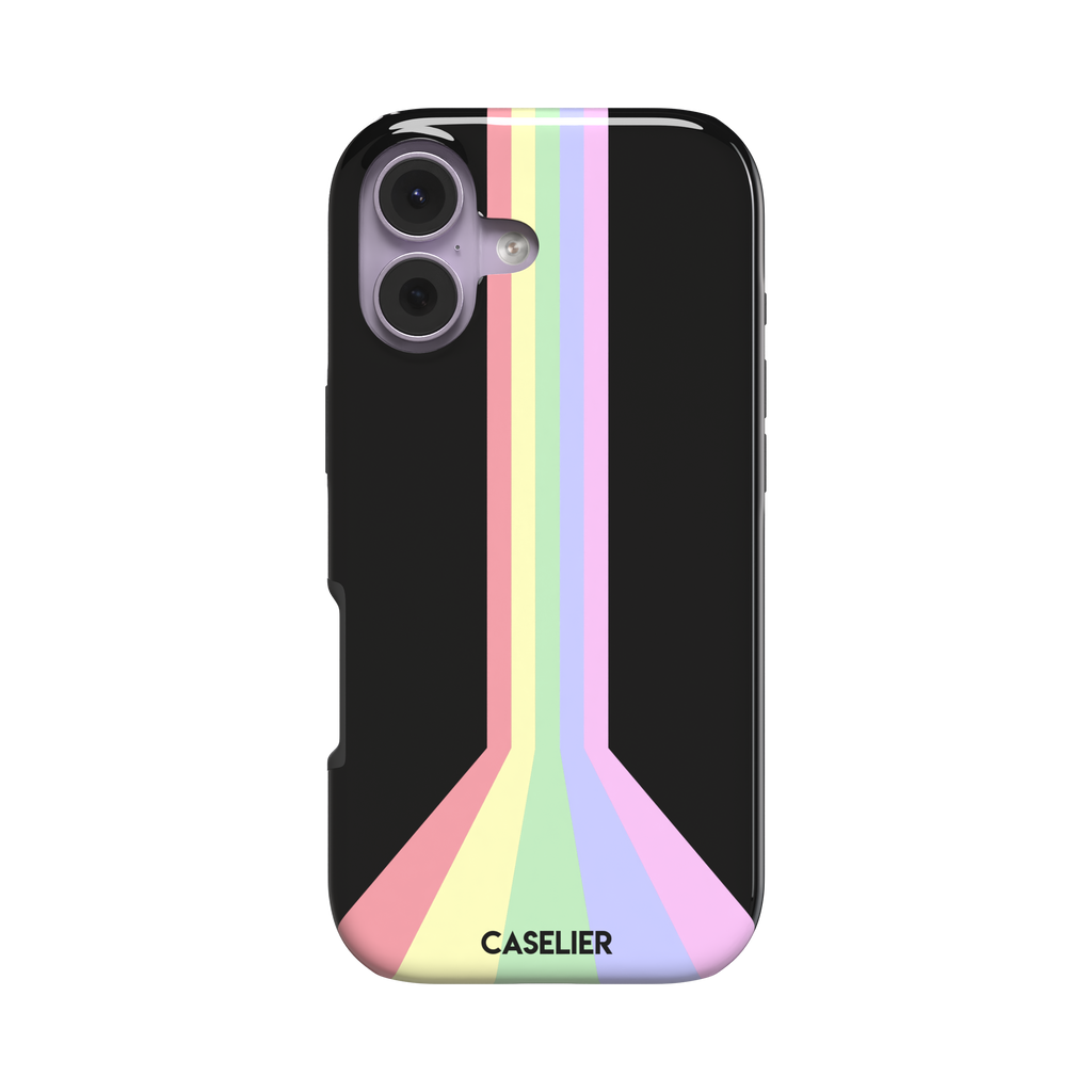 Prism phone case color variant featuring soft pastel stripes in pink, yellow, mint green, lavender and lilac spreading outward on a black background, phone case by Caselier — tough case, front view