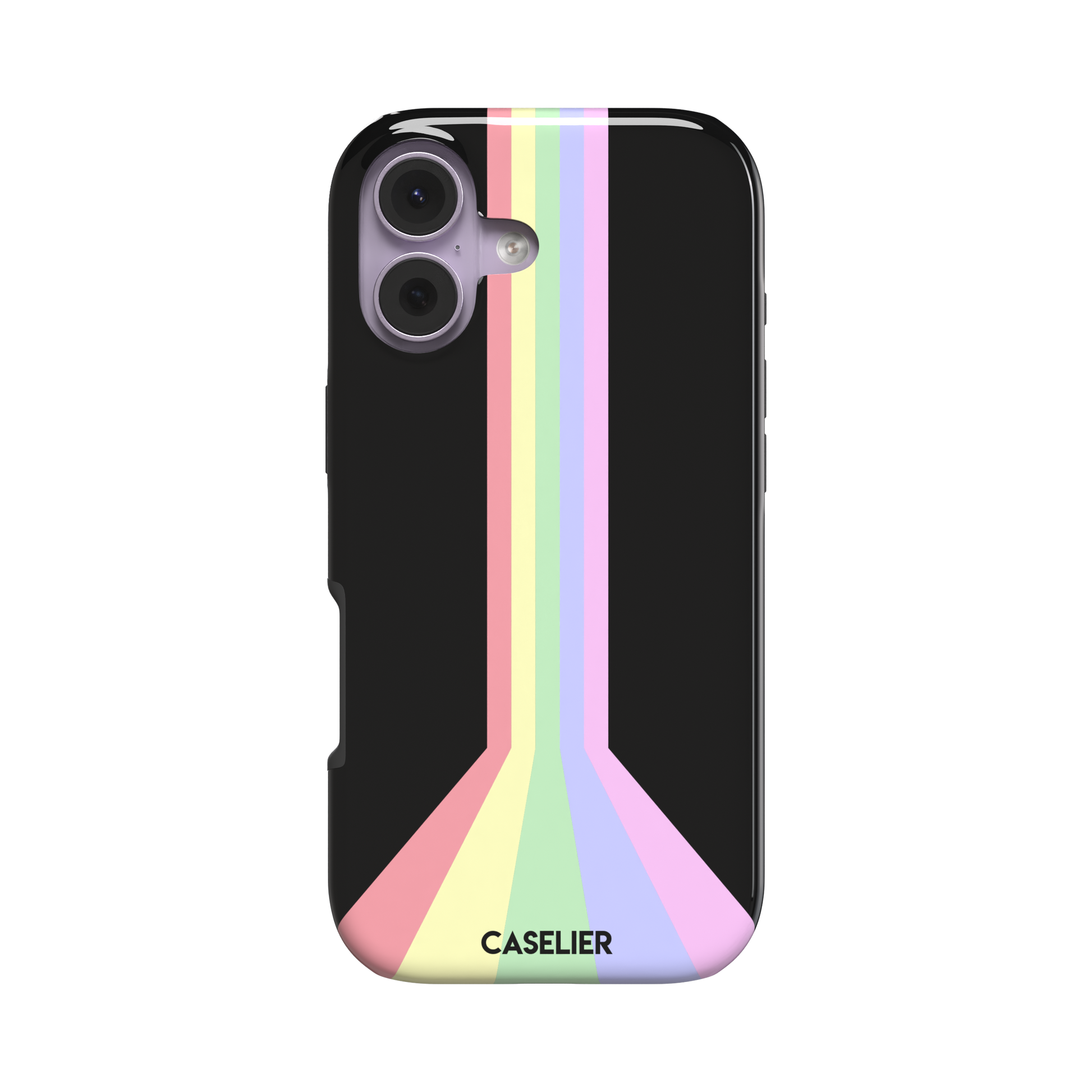 Prism phone case color variant featuring soft pastel stripes in pink, yellow, mint green, lavender and lilac spreading outward on a black background, phone case by Caselier — tough case, front view